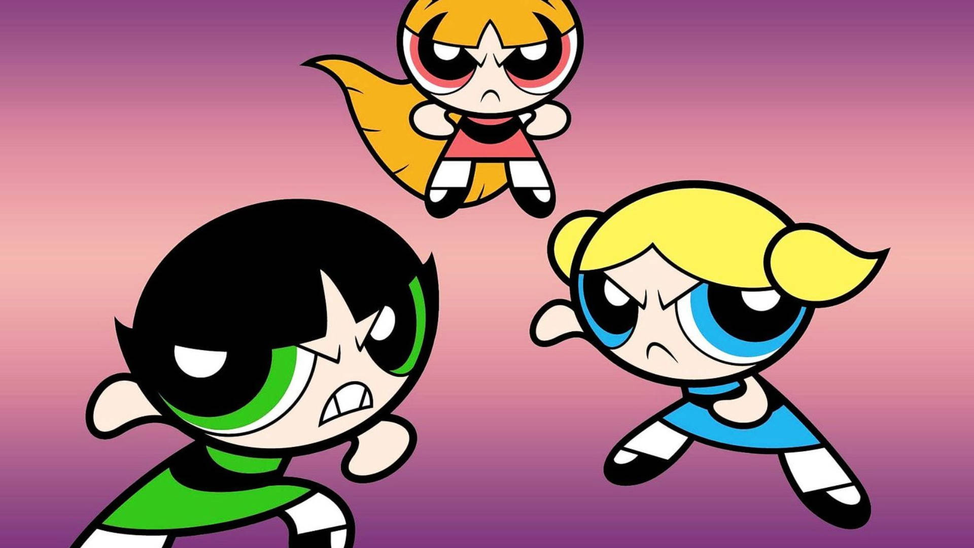 Powerpuff Girls, cartoon scene, three animated superhero girls, Full HD Desktop Wallpaper