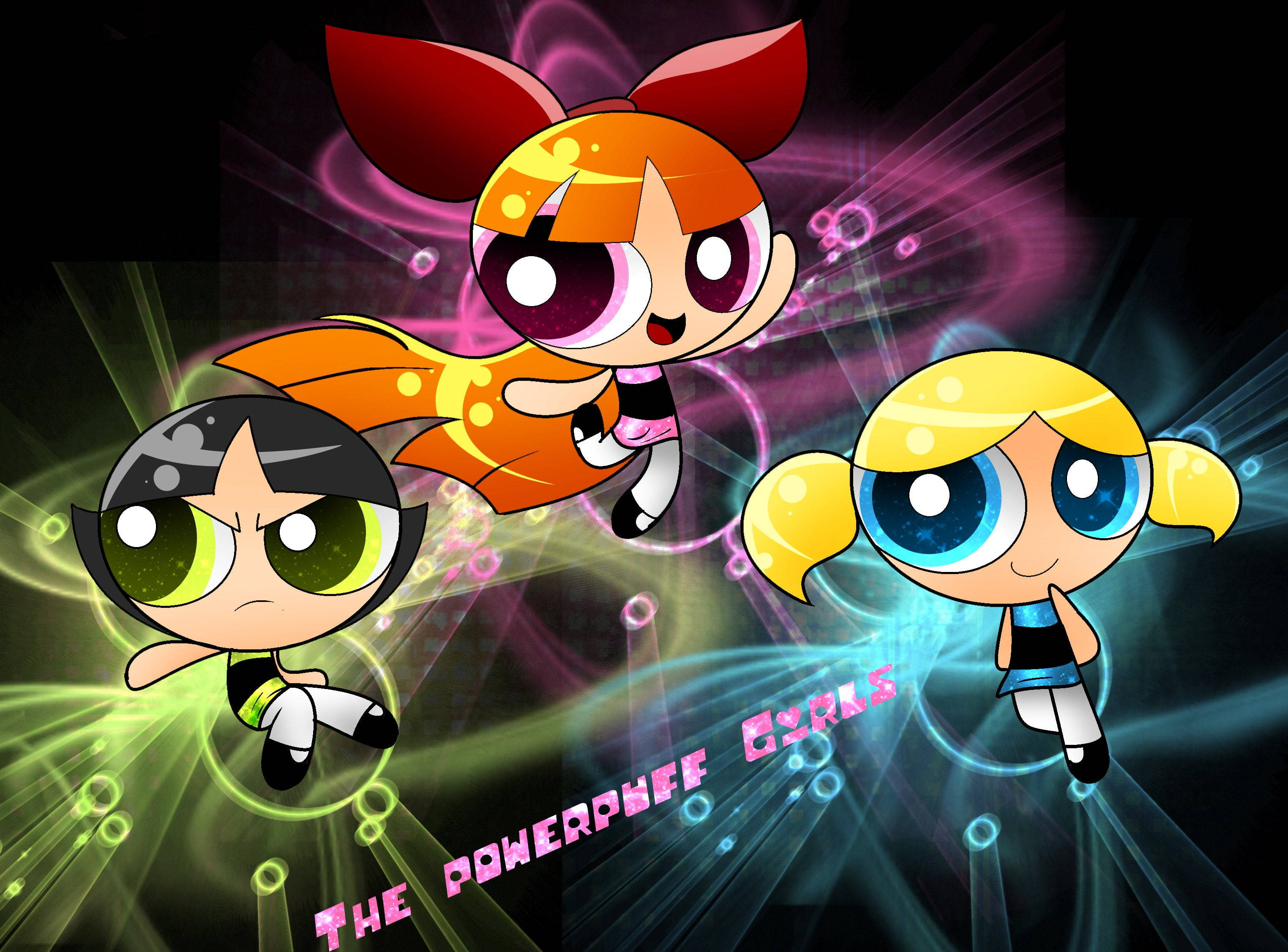 Powerpuff Girls, superhero sisters, glowing neon background, 2K Desktop Wallpaper