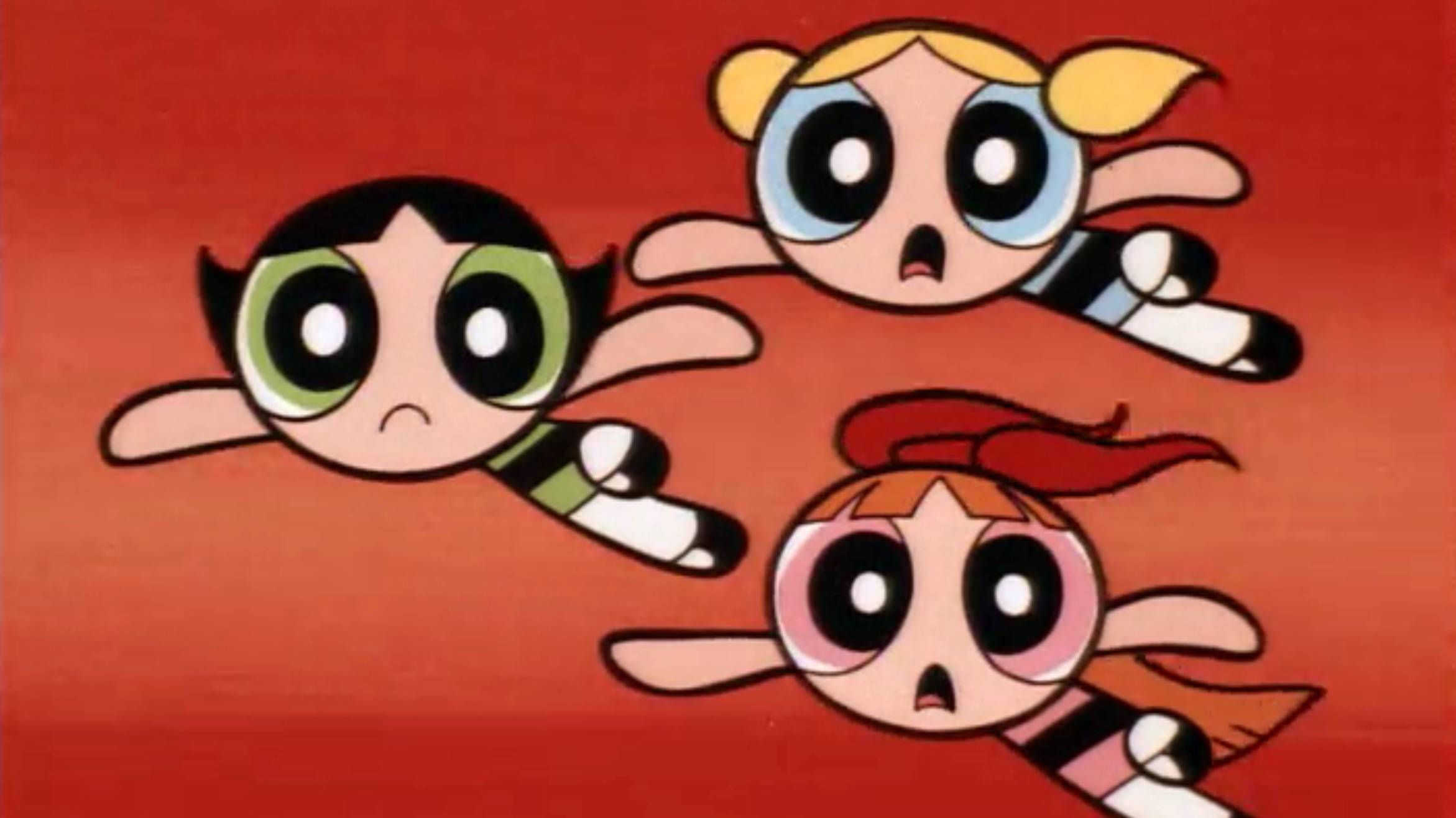 Powerpuff Girls, 90s animation style, solid red background, Full HD Desktop Wallpaper