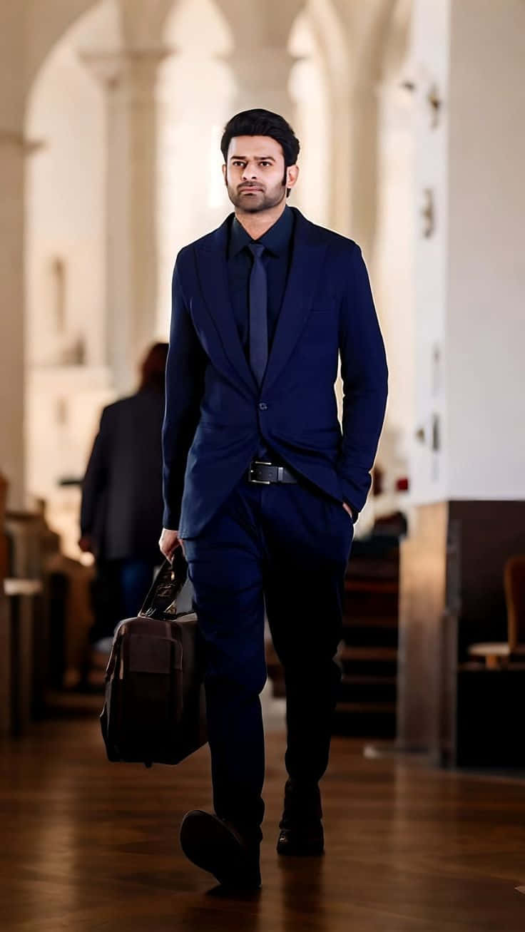 Prabhas, navy suit, arched hallway, HD Phone Wallpaper