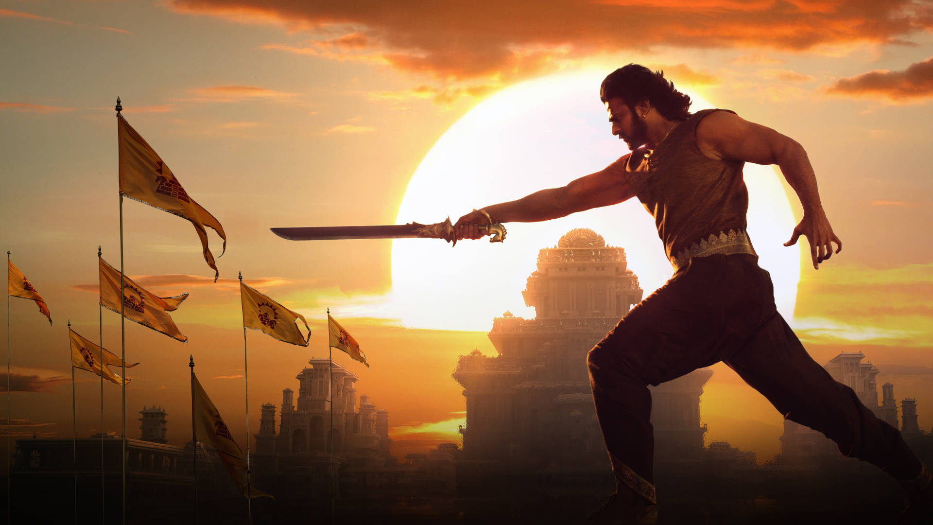 Prabhas, sword, glowing sunset, Full HD Desktop Wallpaper