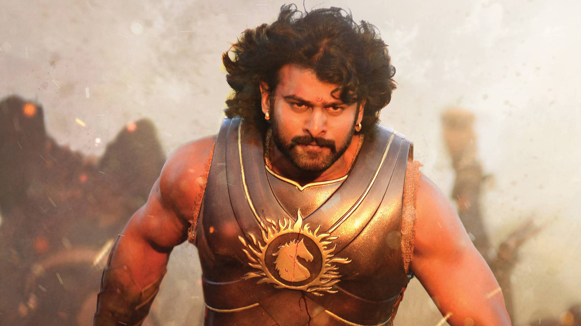 Prabhas, golden armored chest, wild hair, Full HD Desktop Wallpaper