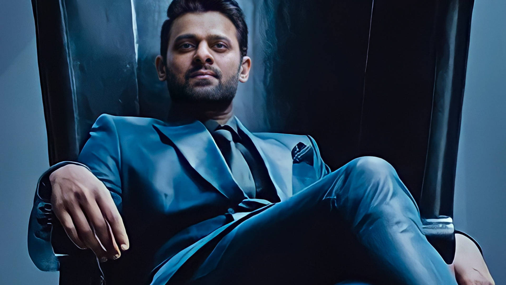 Prabhas, blue suit, dark chair, Full HD Desktop Wallpaper