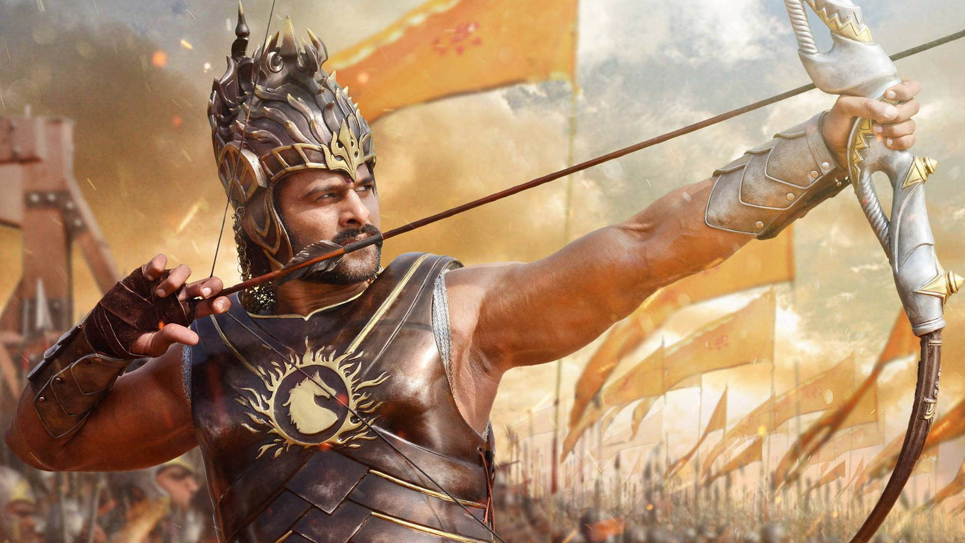 Prabhas, shooting arrow, muscular warrior, Full HD Desktop Wallpaper