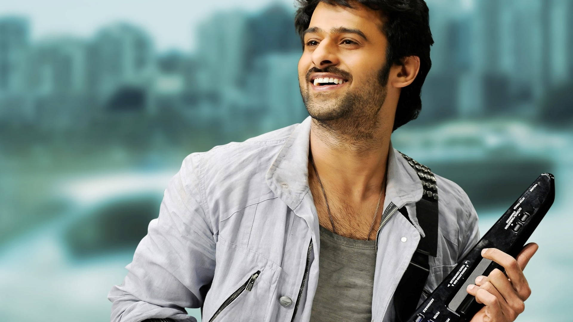 Prabhas, guitar, blurred cityscape, Full HD Desktop Wallpaper