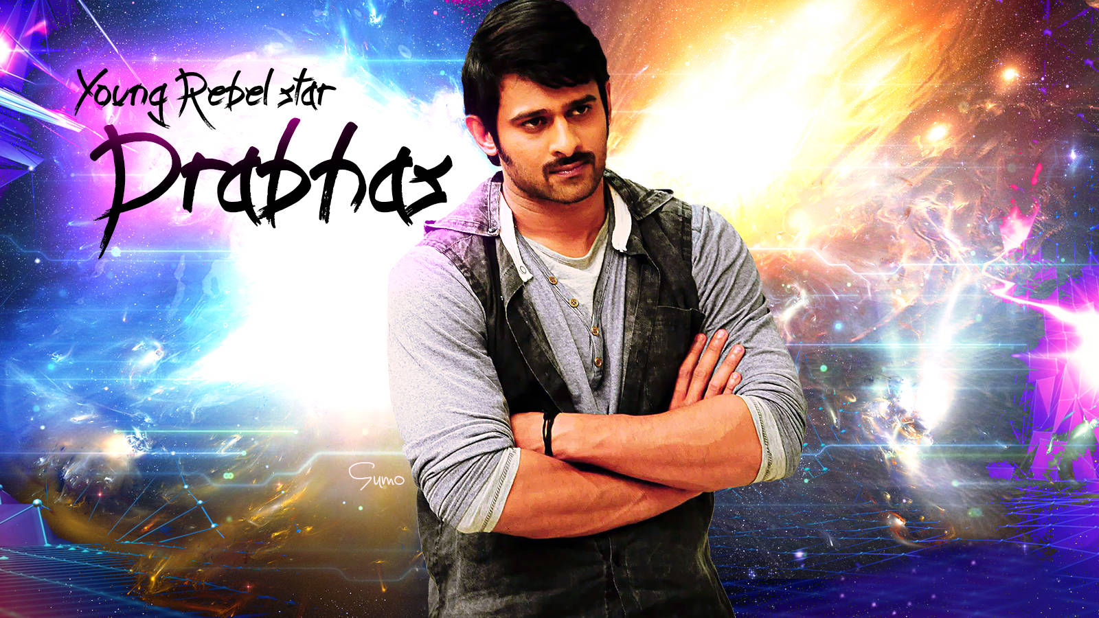 Prabhas, cosmic background, neon energy bursts, HD Desktop Wallpaper