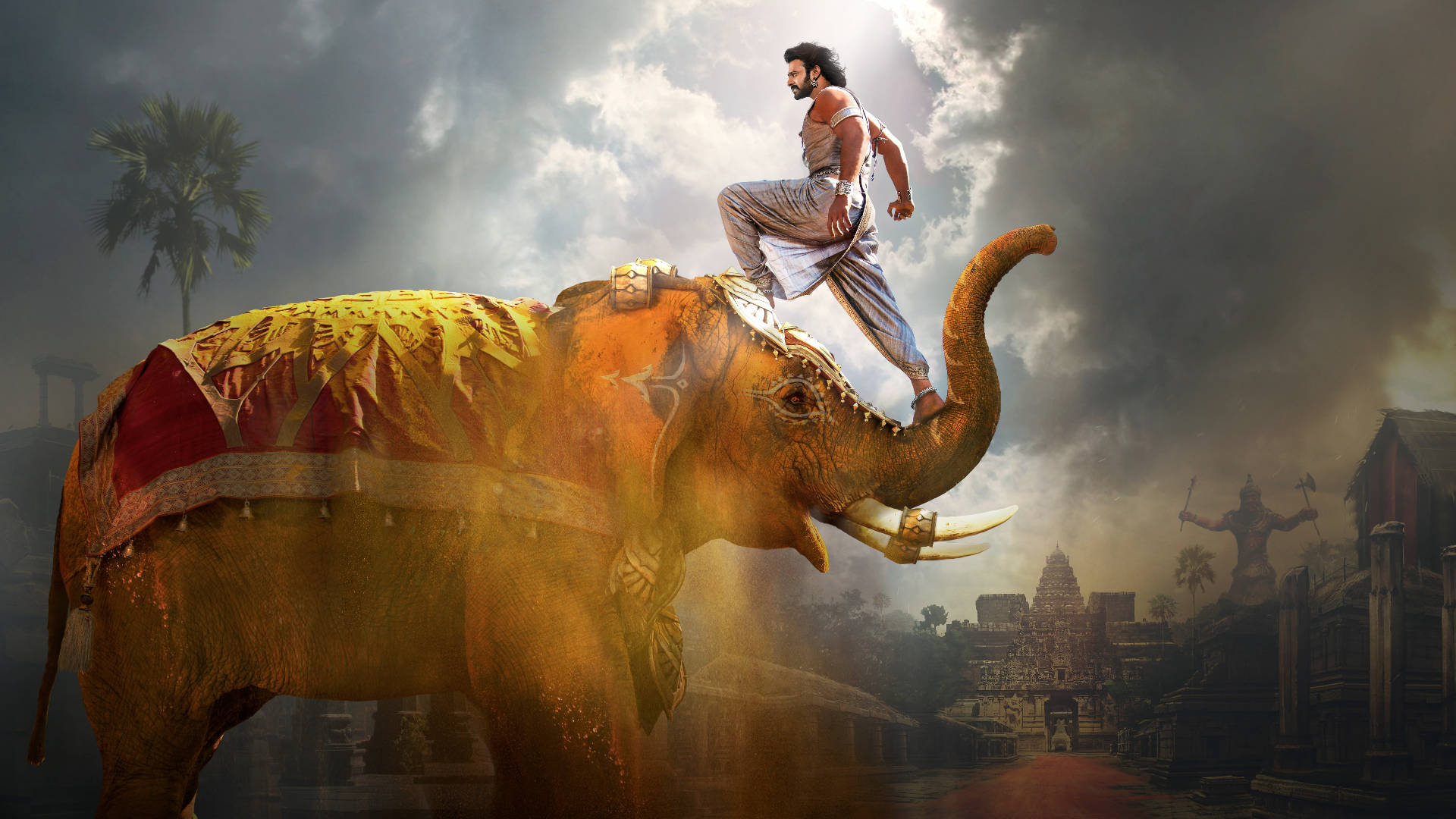 Prabhas, elephant, ancient attire, Full HD Desktop Wallpaper