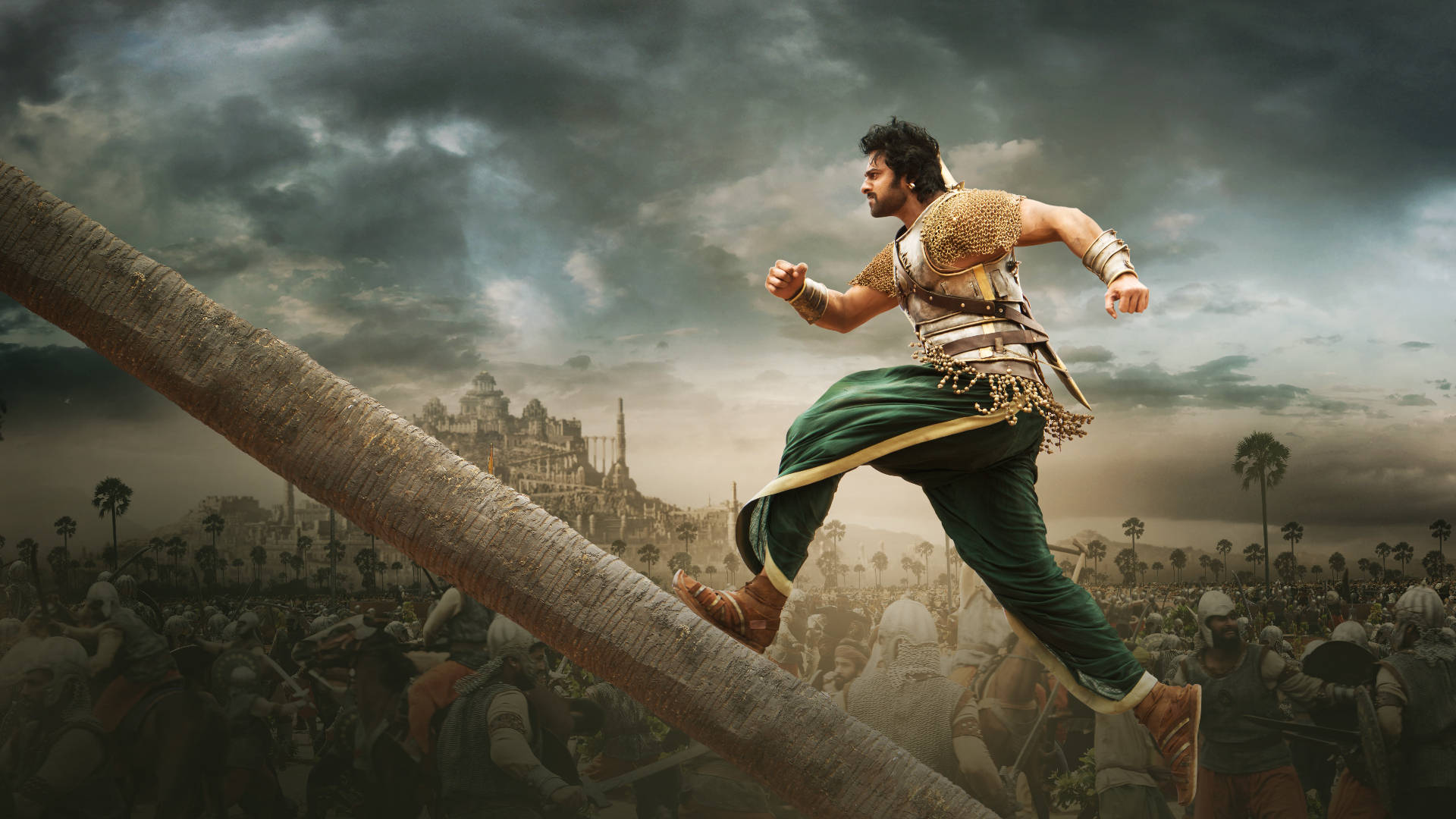 Prabhas, giant palm trunk, battlefield, Full HD Desktop Wallpaper