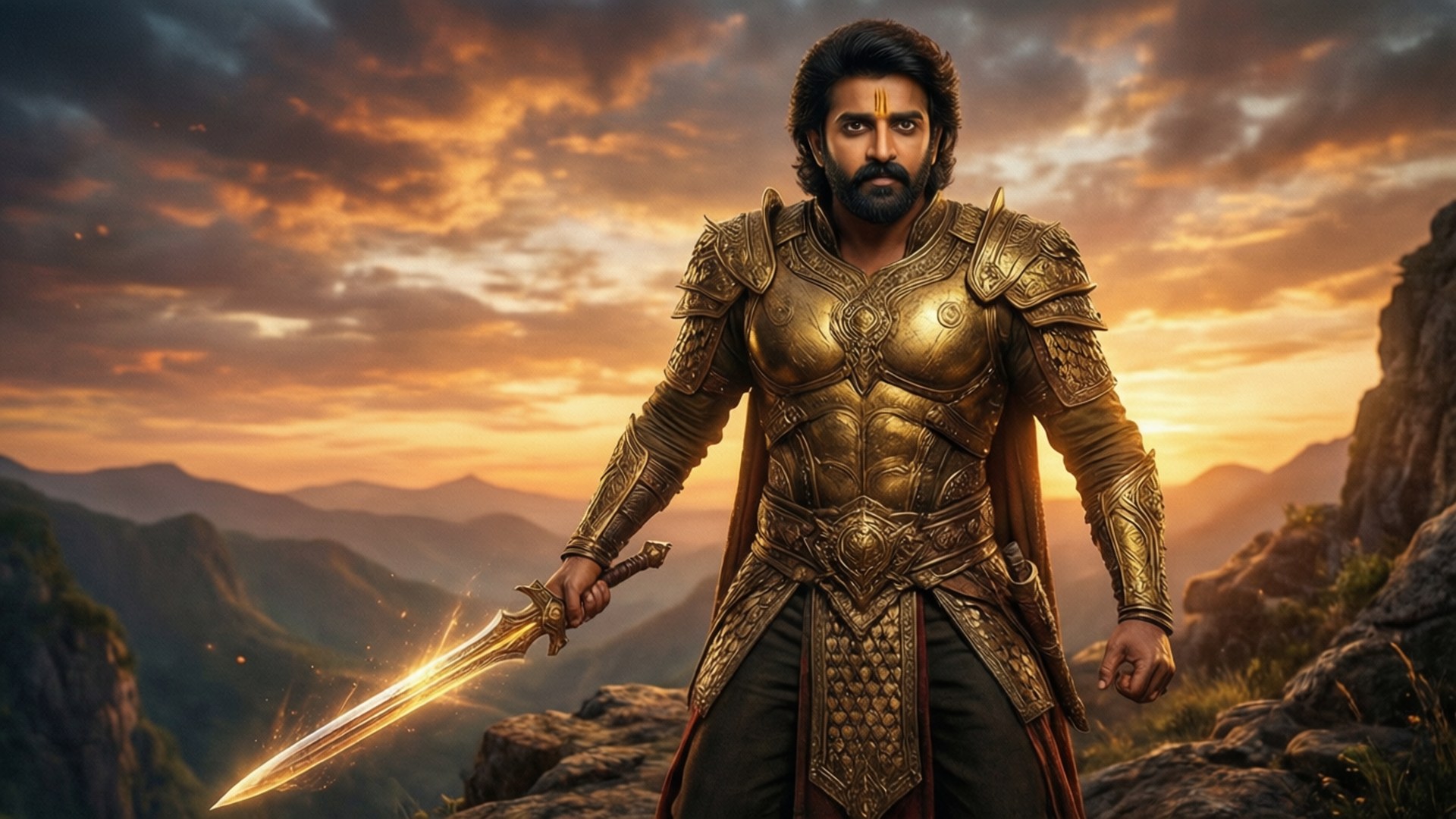 Golden Warrior Prabhas, golden armor, glowing sword, Full HD Desktop Wallpaper