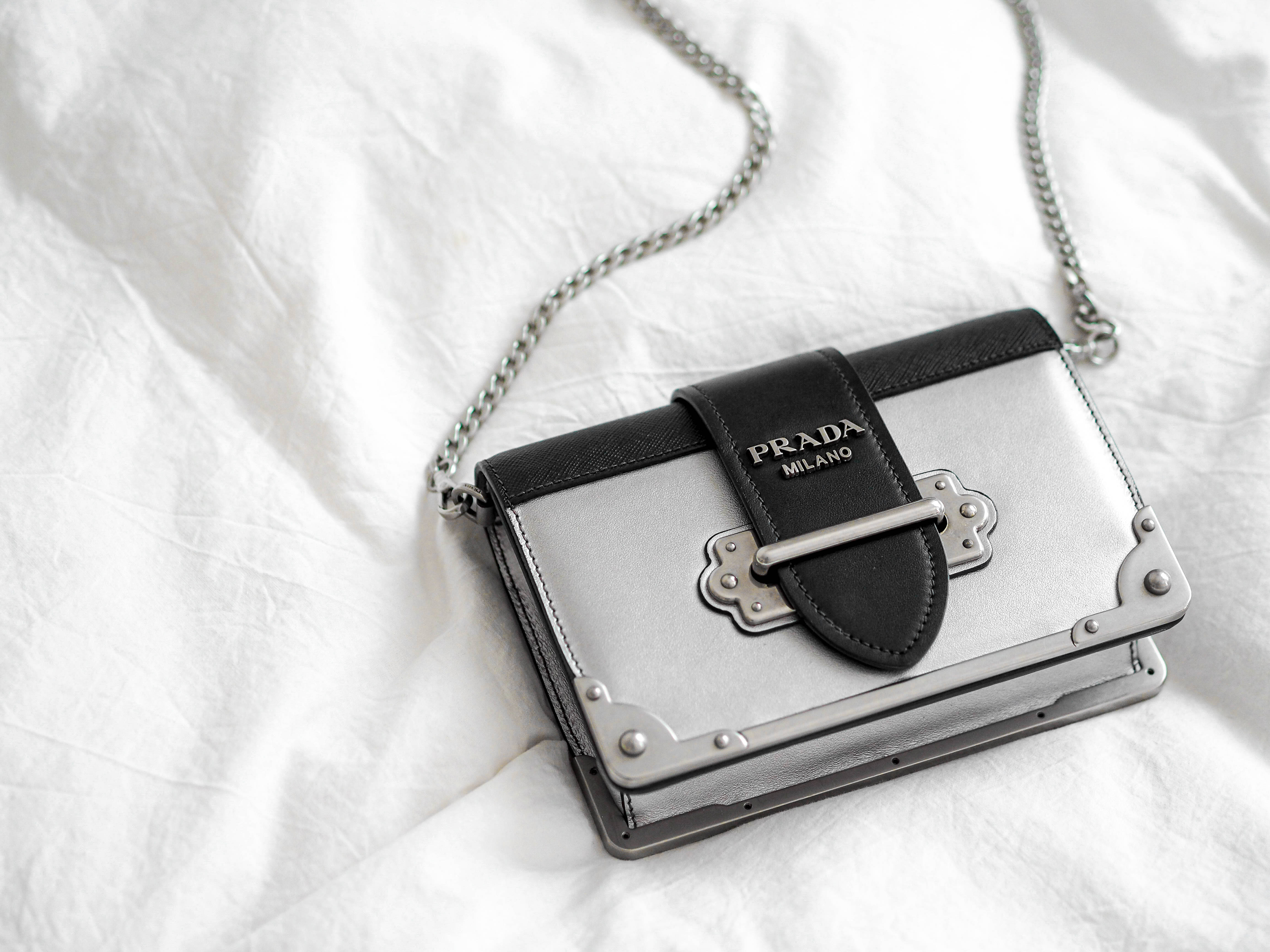 Prada, sling bag, silver, 4K Desktop Wallpaper