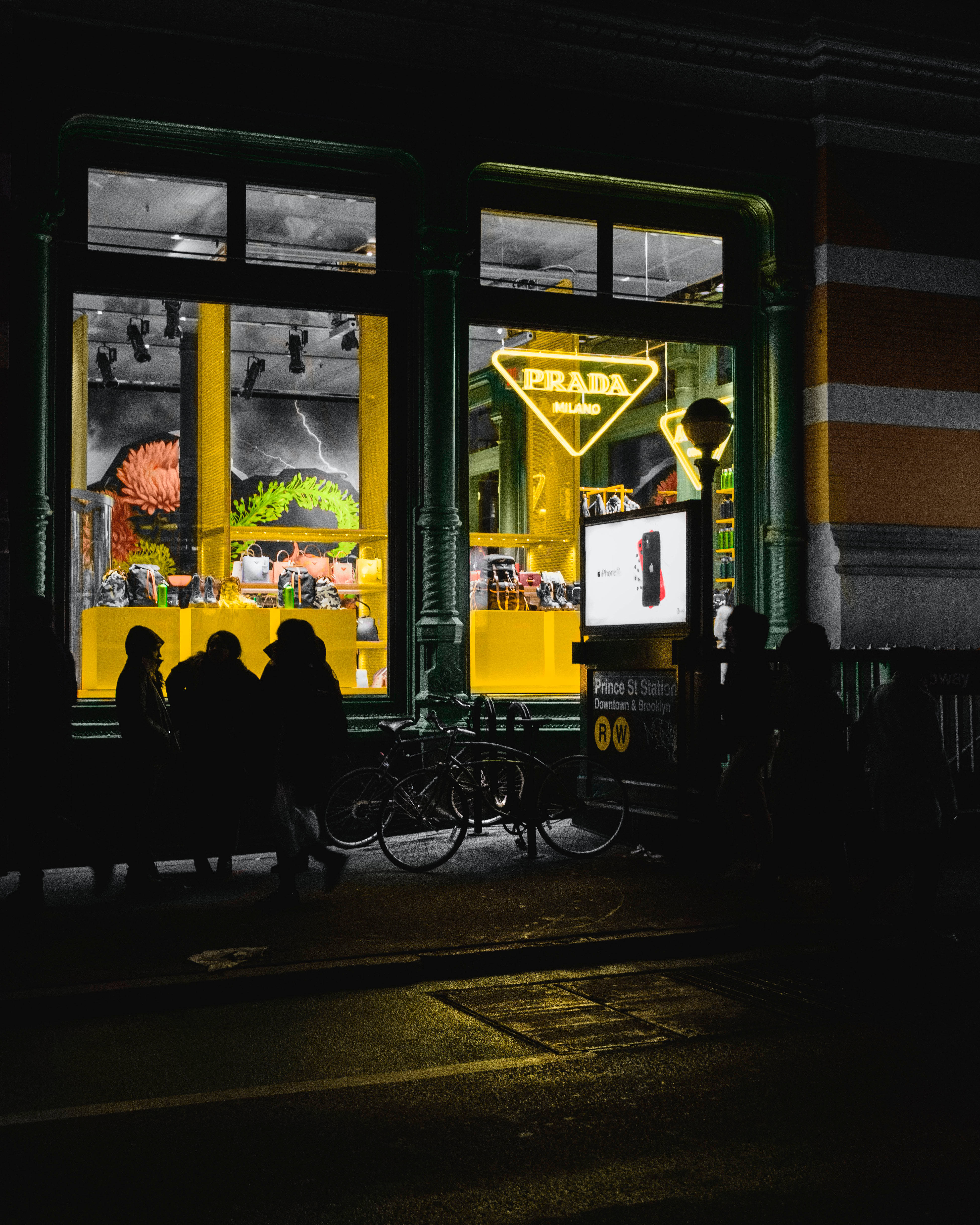 Prada, yellow, store window, 4K Phone Wallpaper