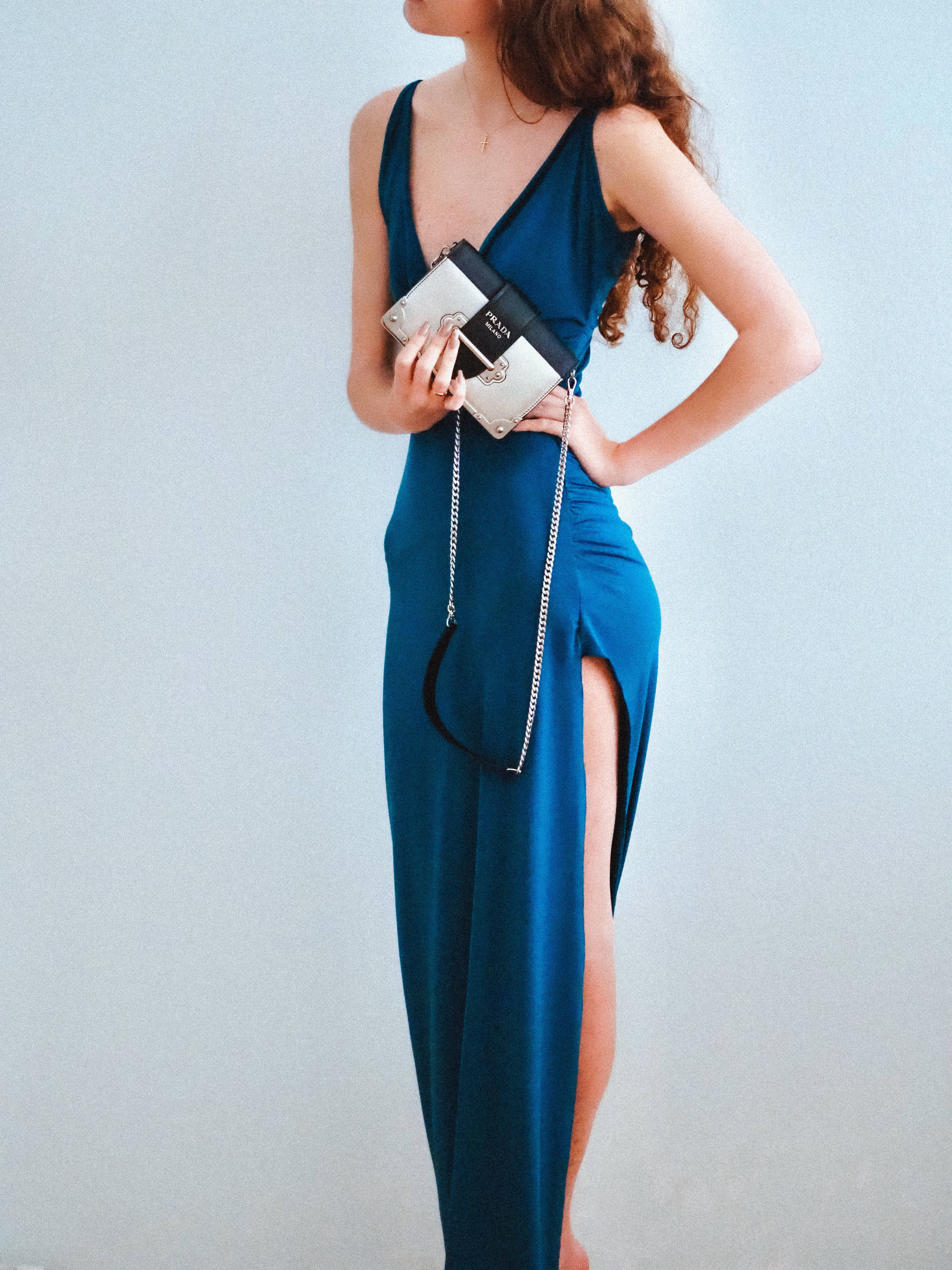 Prada Girl, blue dress, sleek blue gown, 4K Phone Wallpaper