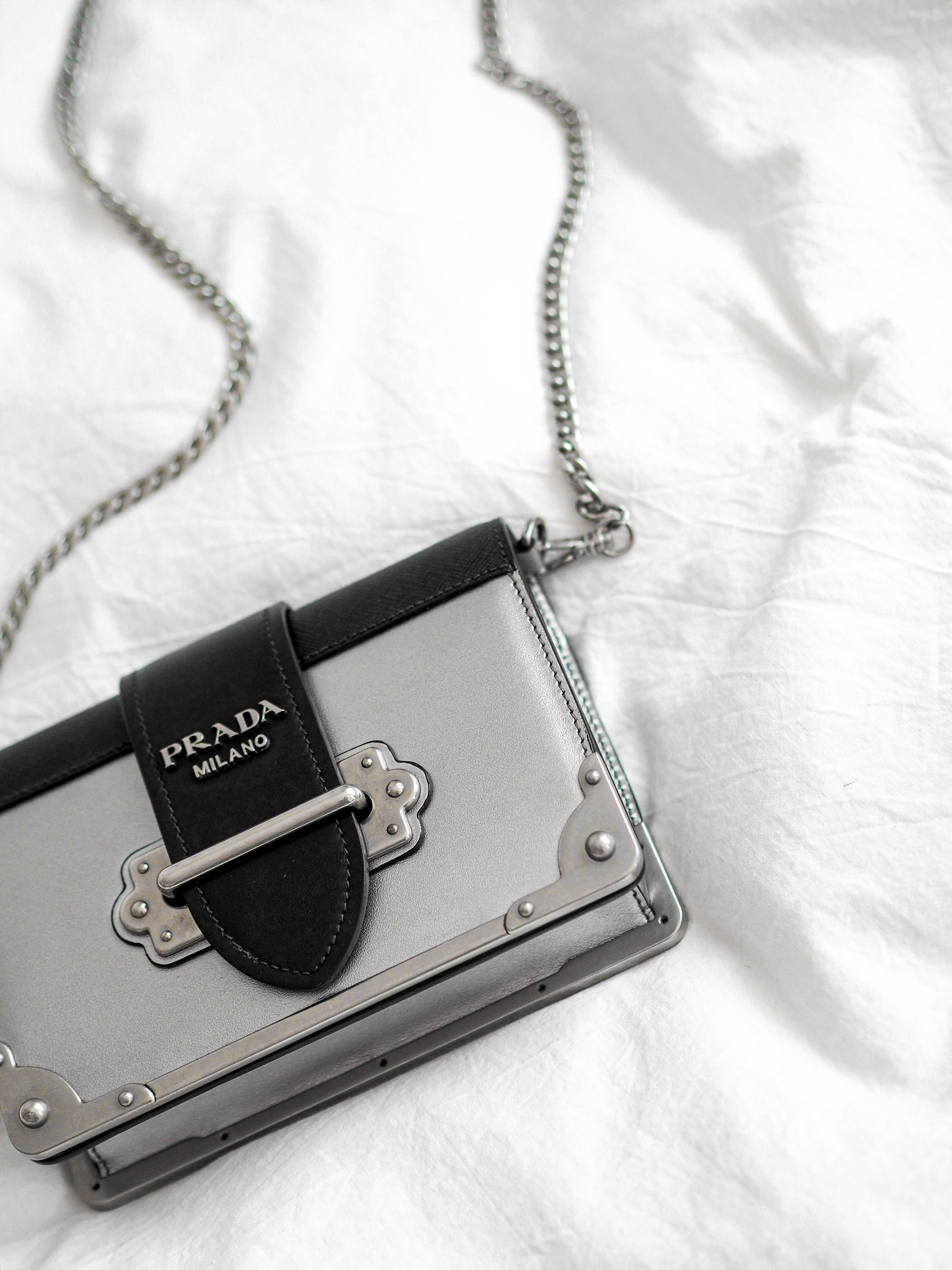 Prada, silver, black leather trim, 4K Phone Wallpaper