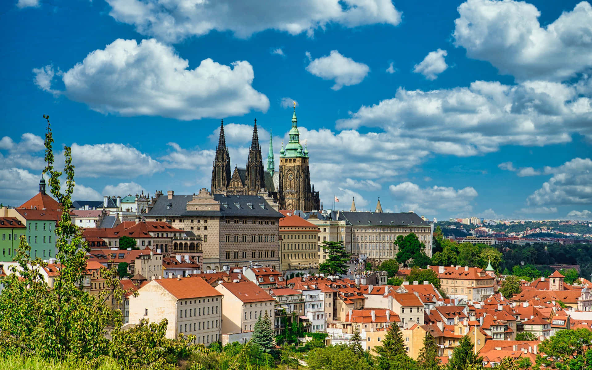 Prague Castle, red-tiled rooftops, bright blue sky, Full HD Desktop Wallpaper