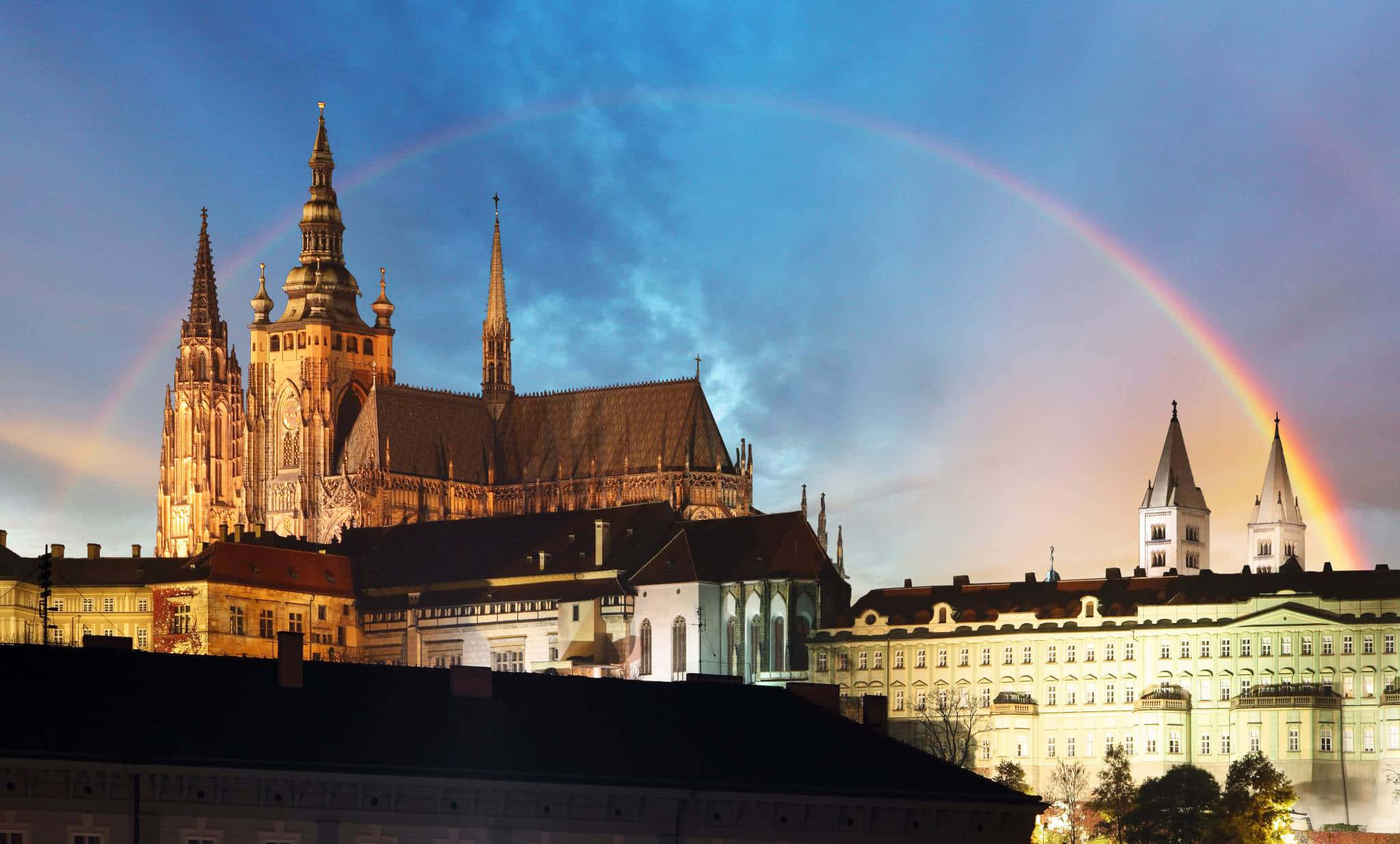 Prague Castle, Gothic cathedral, double rainbow, Full HD Desktop Wallpaper