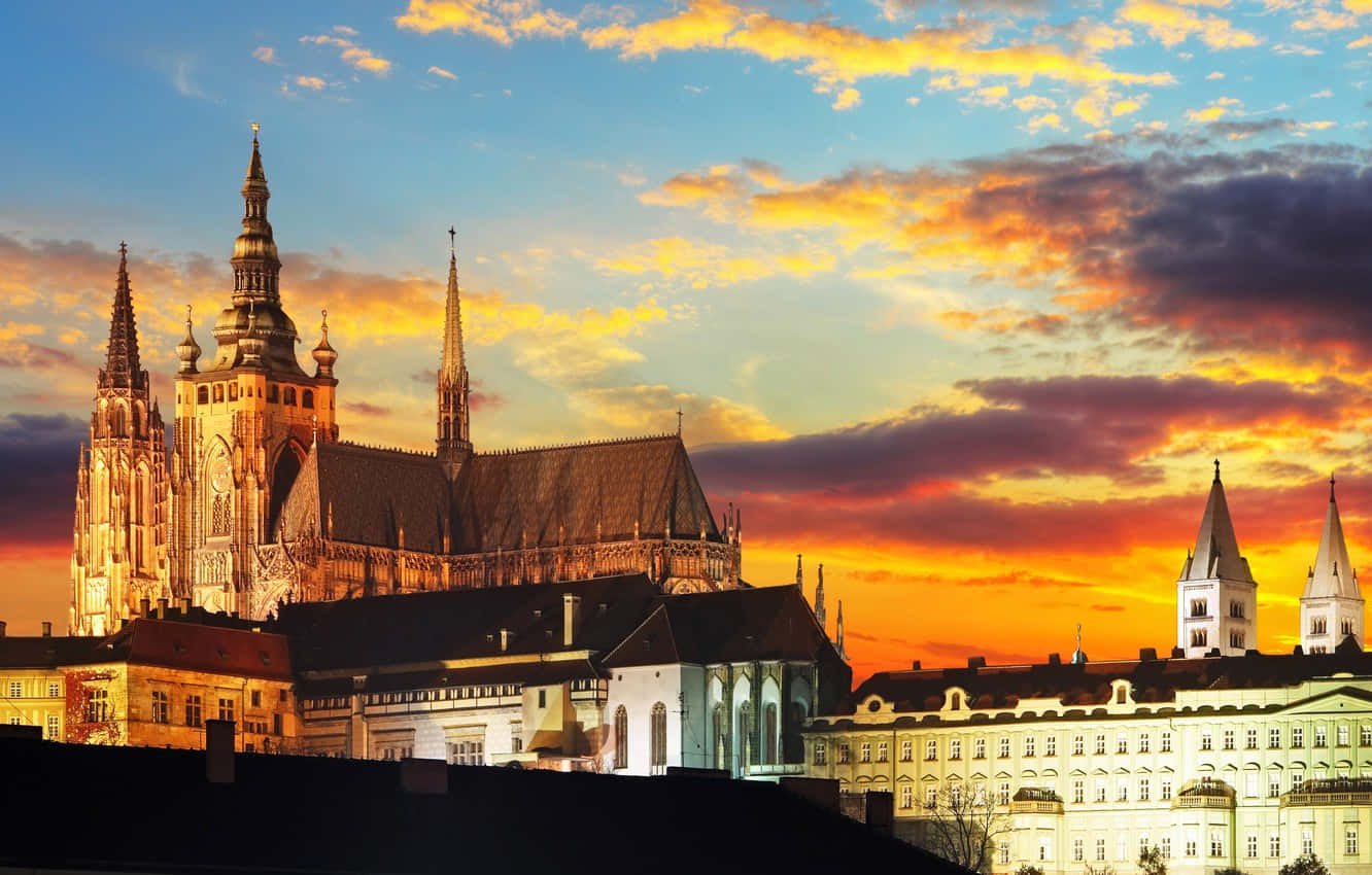 Prague Castle, Gothic cathedral, fiery sunset sky, HD Desktop Wallpaper