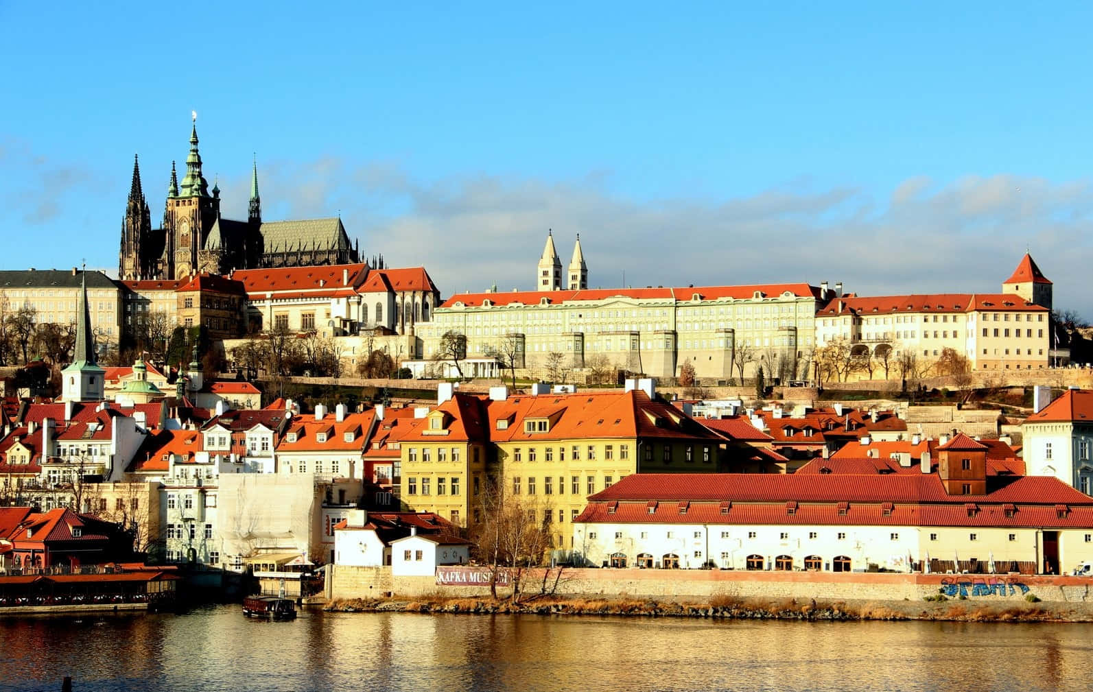 Prague Castle, river, red-roofed buildings, HD Desktop Wallpaper