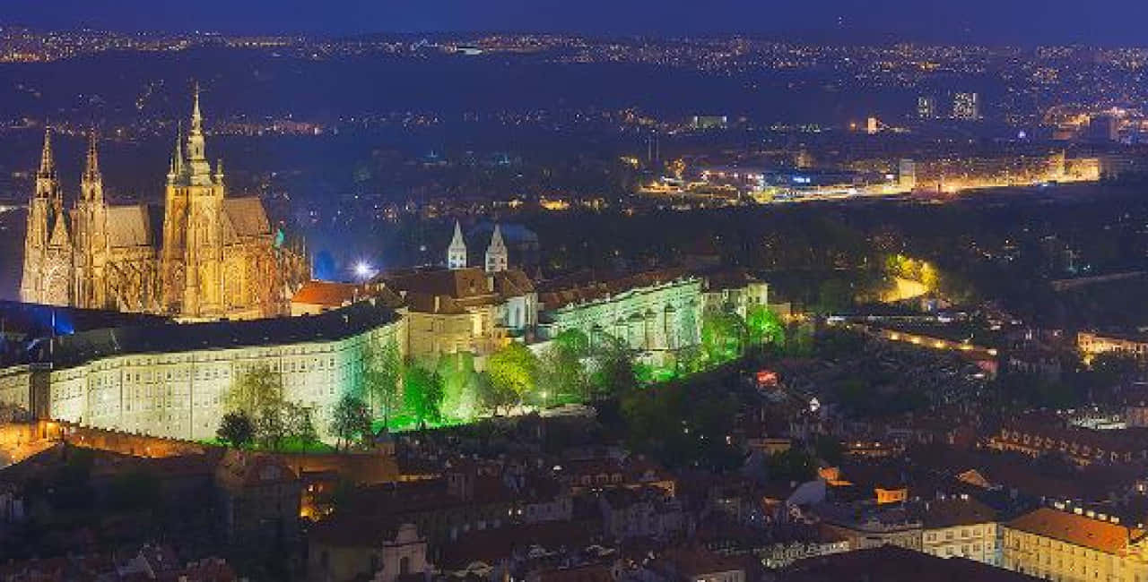 Prague Castle, golden lights, green lights, HD Desktop Wallpaper