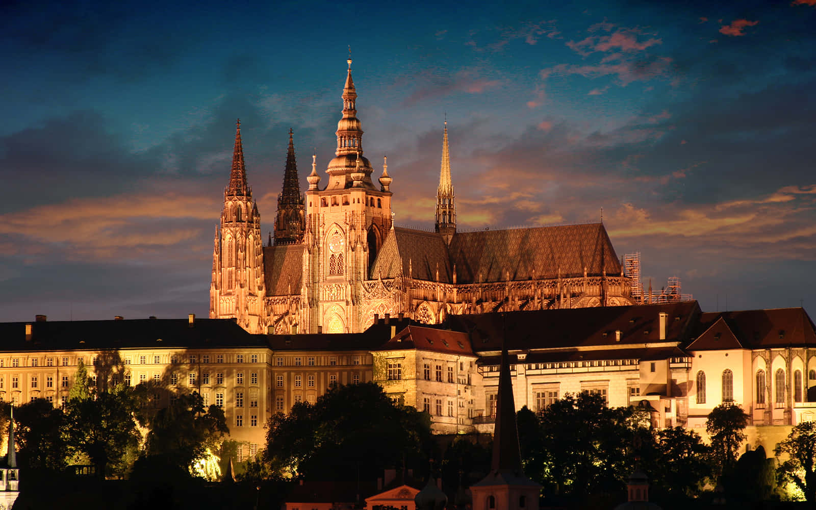 Prague Castle, dusk, golden lights, HD Desktop Wallpaper