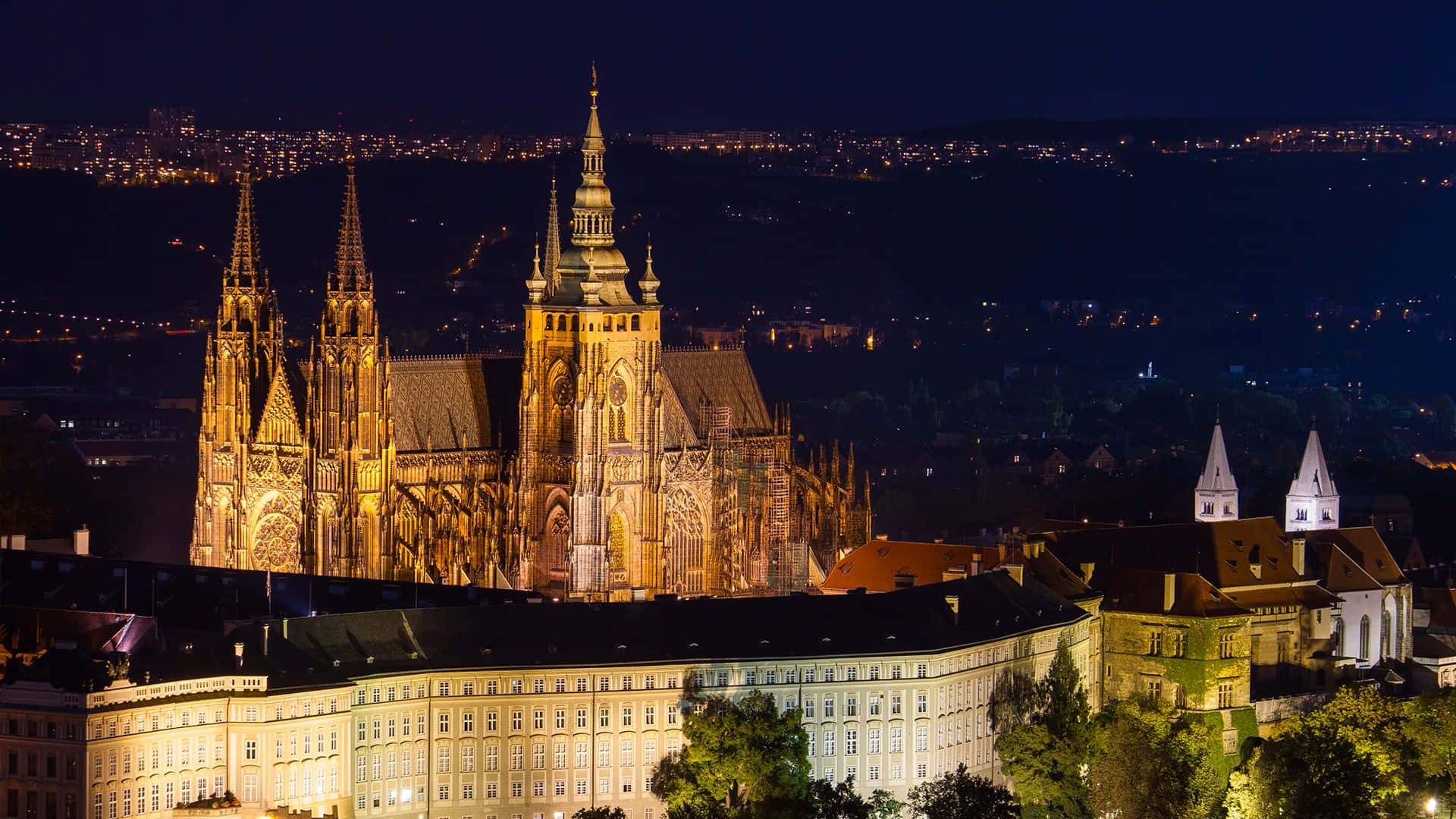 Prague Castle, golden lights, dark sky, Full HD Desktop Wallpaper