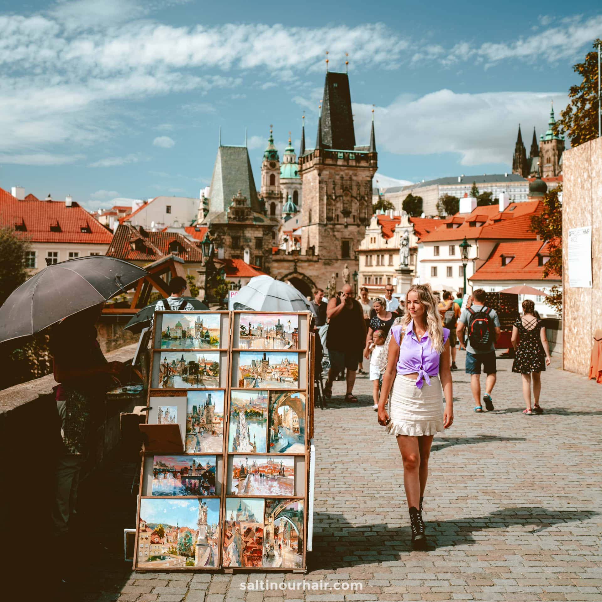 Prague, riverside, cobblestone bridge, Full HD Desktop Wallpaper