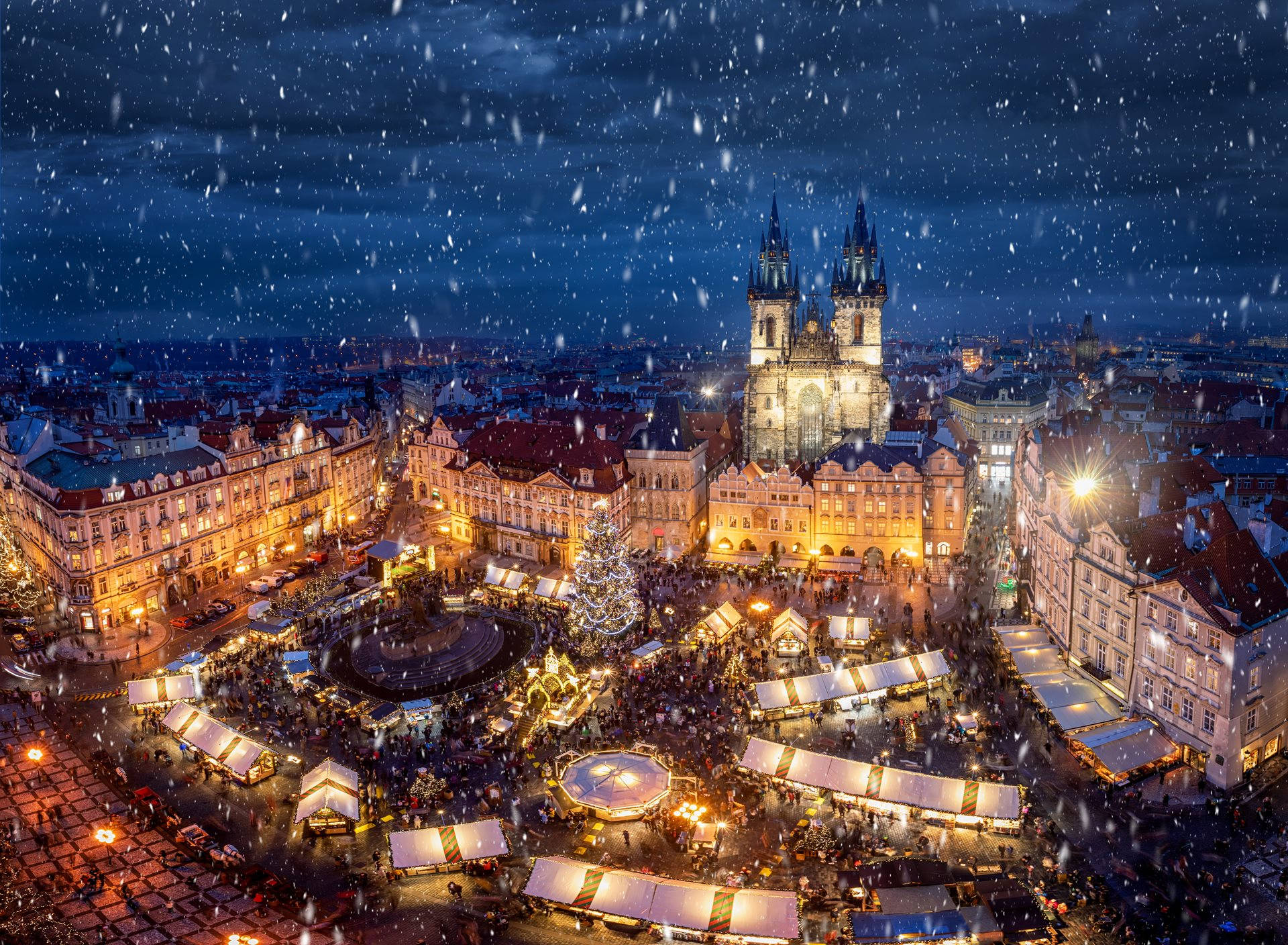 Prague, snowy, aerial, Full HD Desktop Wallpaper