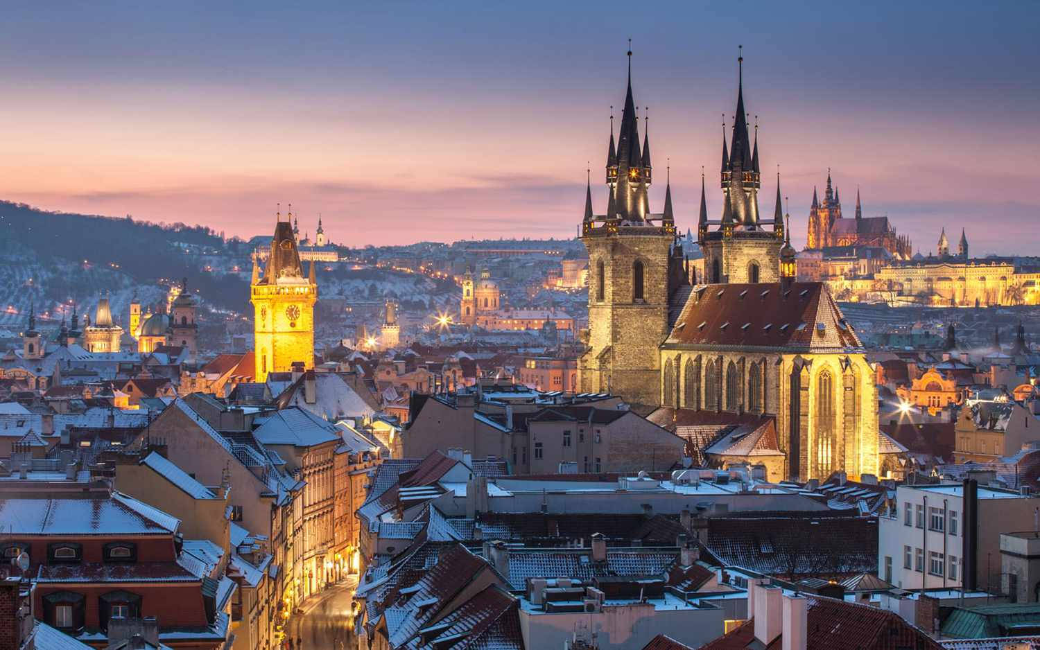 Prague, golden lights, historic churches, HD Desktop Wallpaper