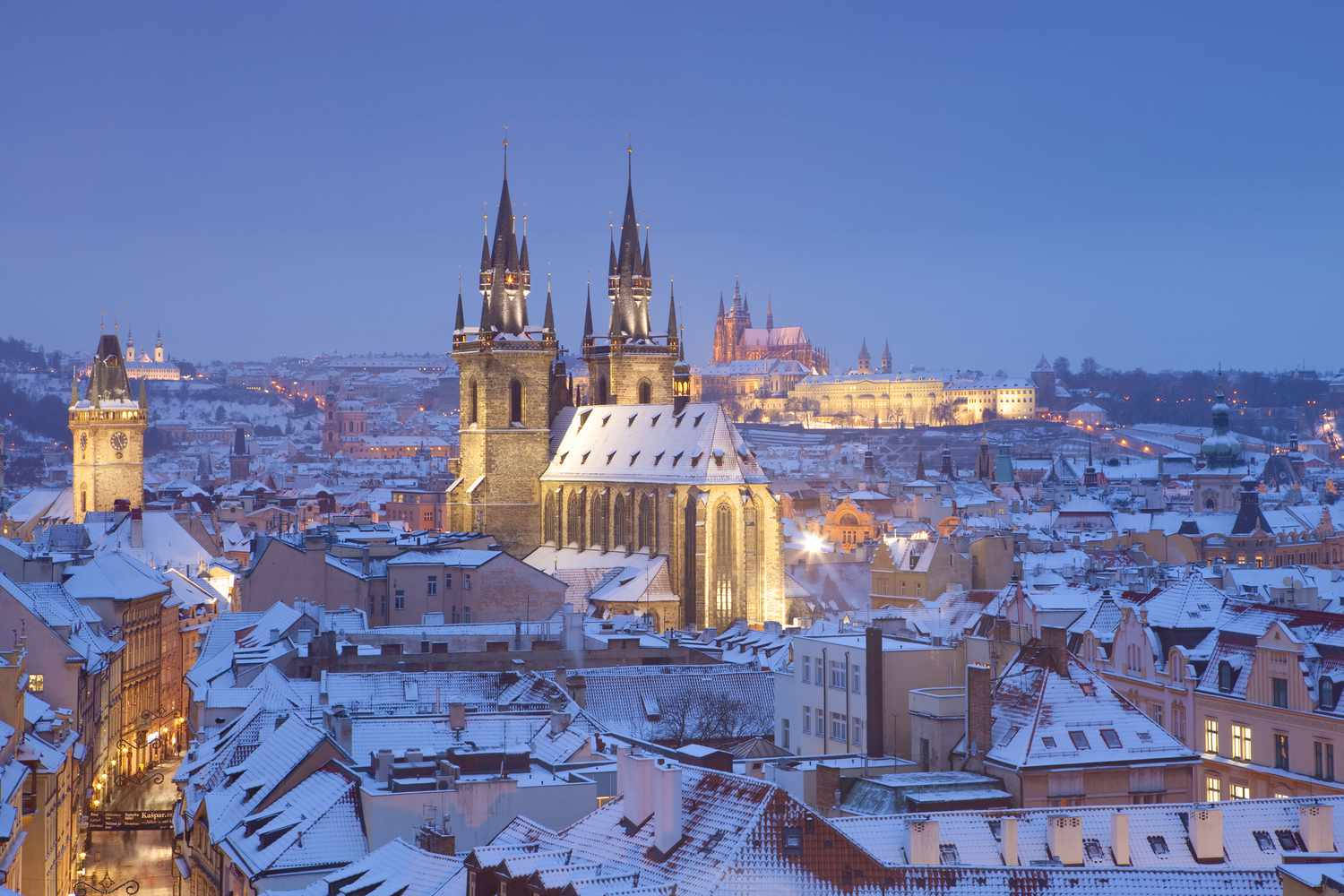 Prague, snow, rooftops, HD Desktop Wallpaper