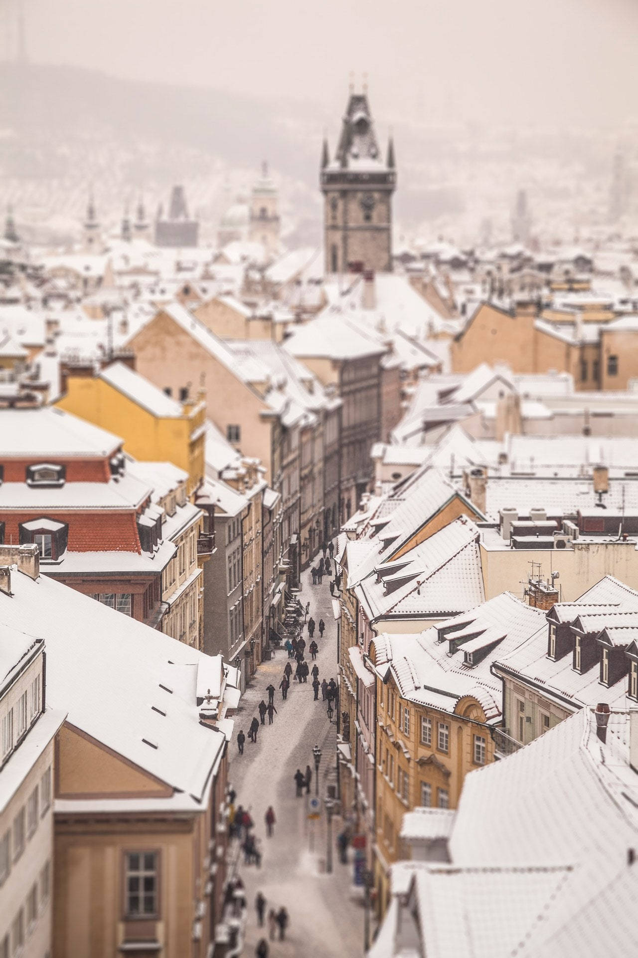 Prague, snowy, European cityscape, Full HD Phone Wallpaper