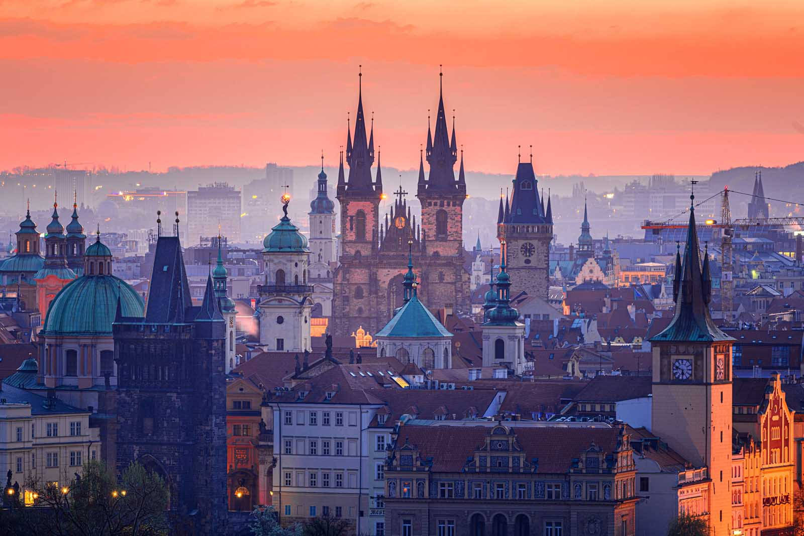 Prague, sunset, historic skyline, HD Desktop Wallpaper