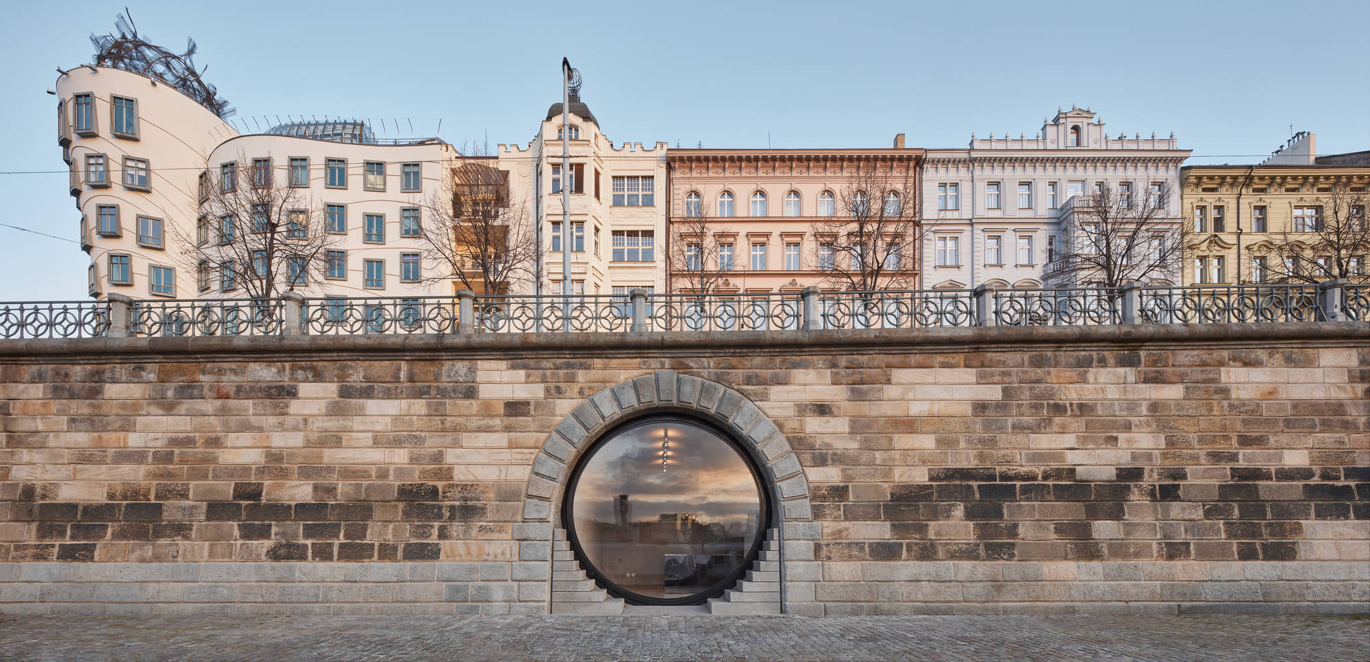 Prague, circular stone archway, reflective pool, Full HD Desktop Wallpaper