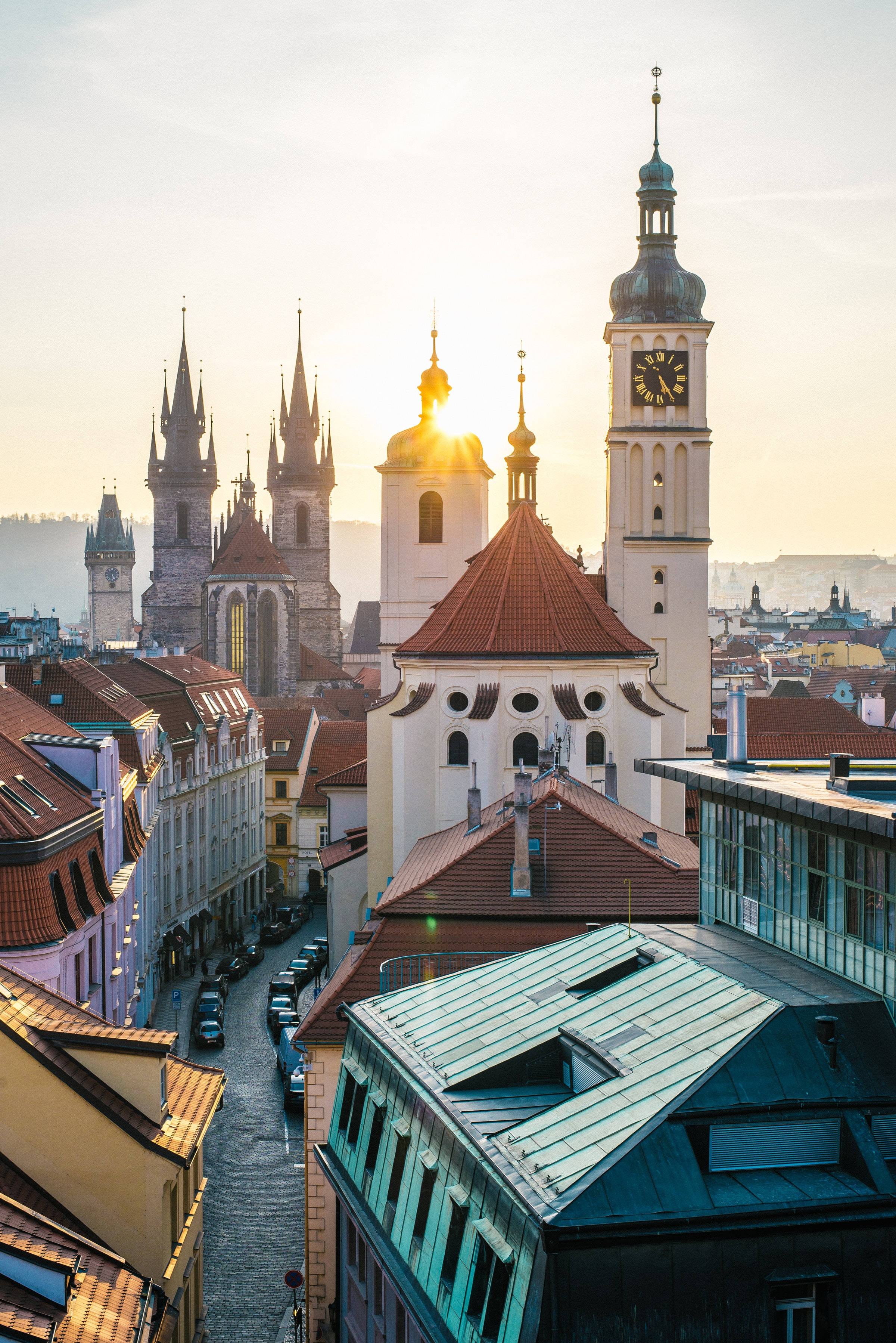 Prague, Sunset, historic church spires, 2K Phone Wallpaper
