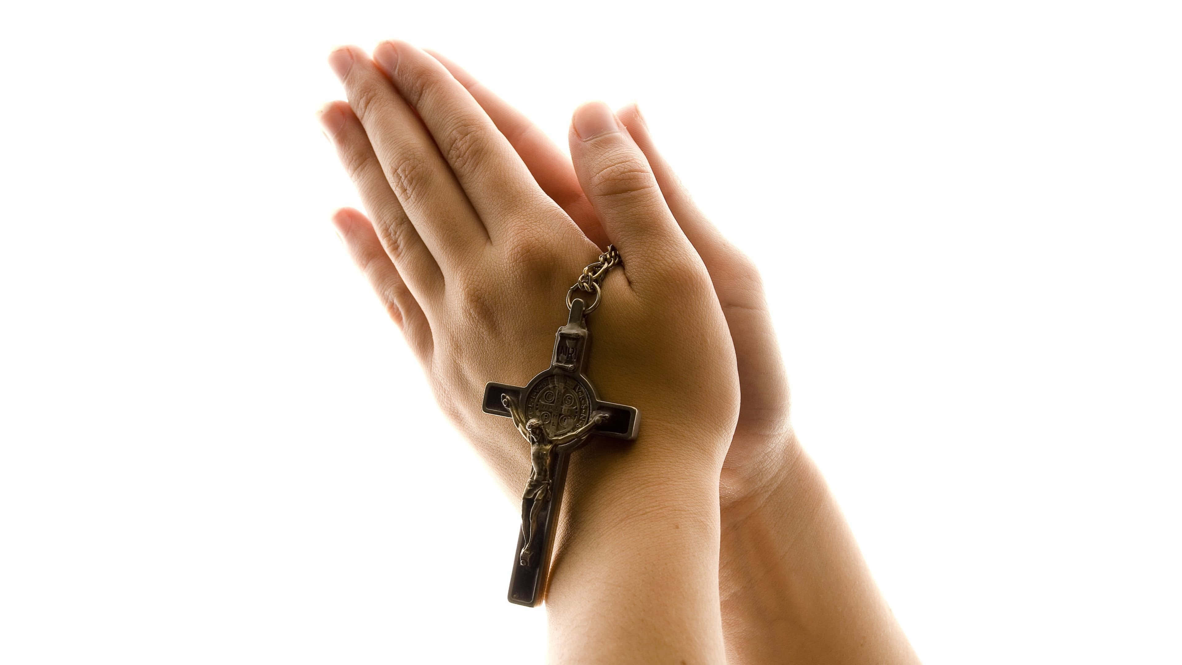 Praying Hands, crucifix, stark white background, 4K Desktop Wallpaper