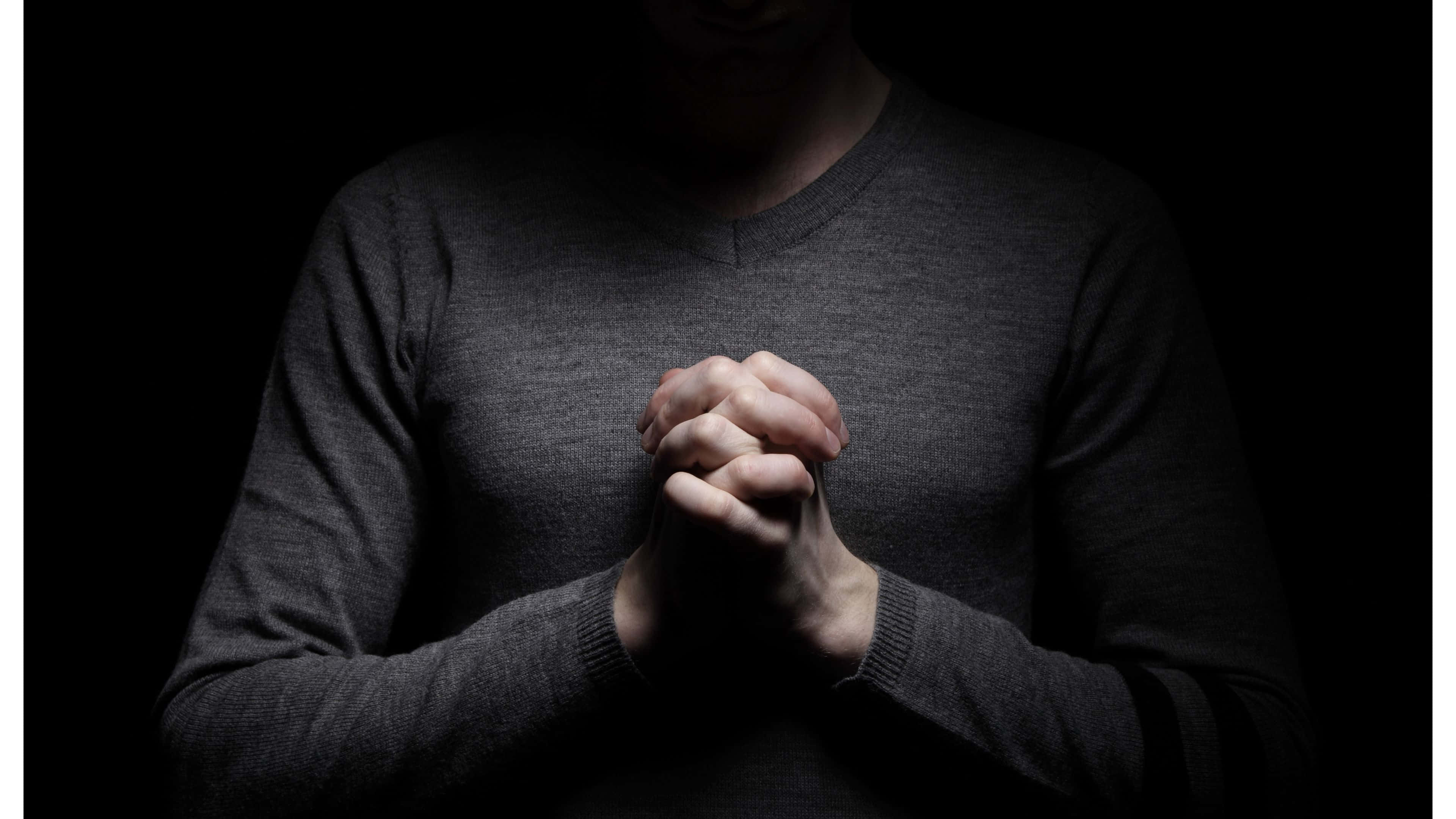 Praying Hands, dark sweater, black background, 4K Desktop Wallpaper