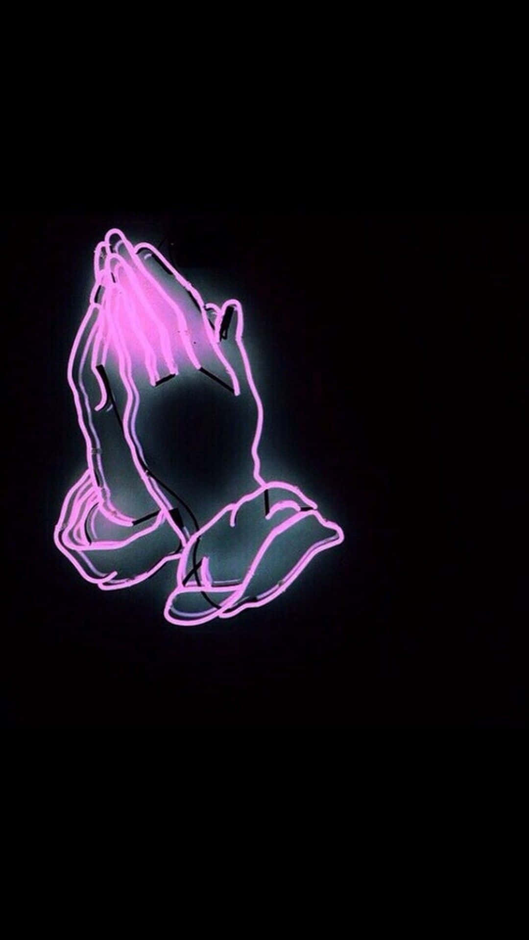 Praying Hands, glowing pink neon, pitch black background, Full HD Phone Wallpaper