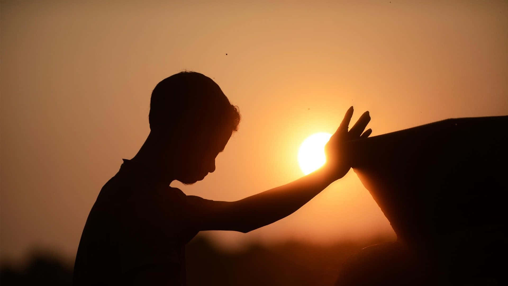 Praying Hands, setting sun, warm orange sky, Full HD Desktop Wallpaper