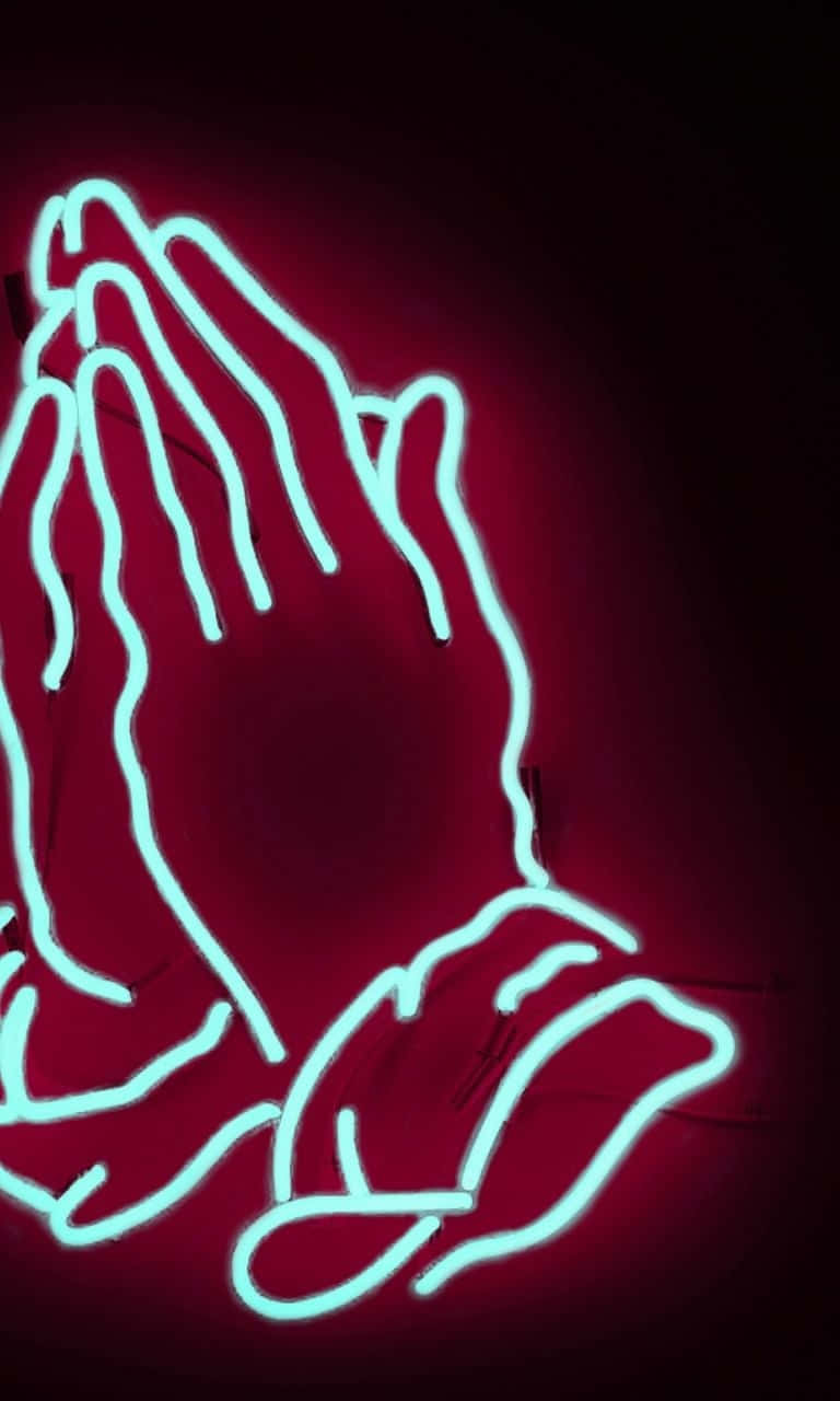 Praying Hands, neon blue, deep red background, HD Phone Wallpaper