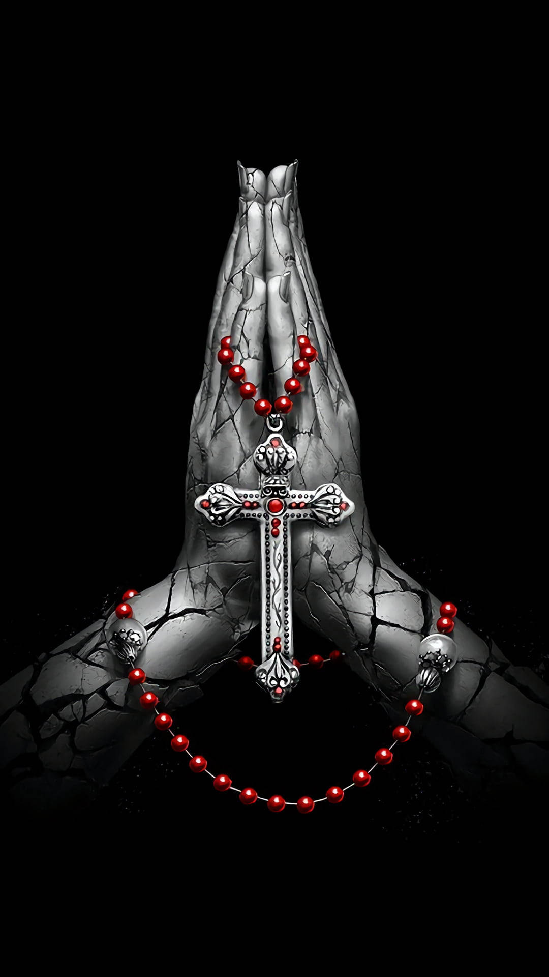 rosary, silver cross, red rosary beads, Full HD Phone Wallpaper