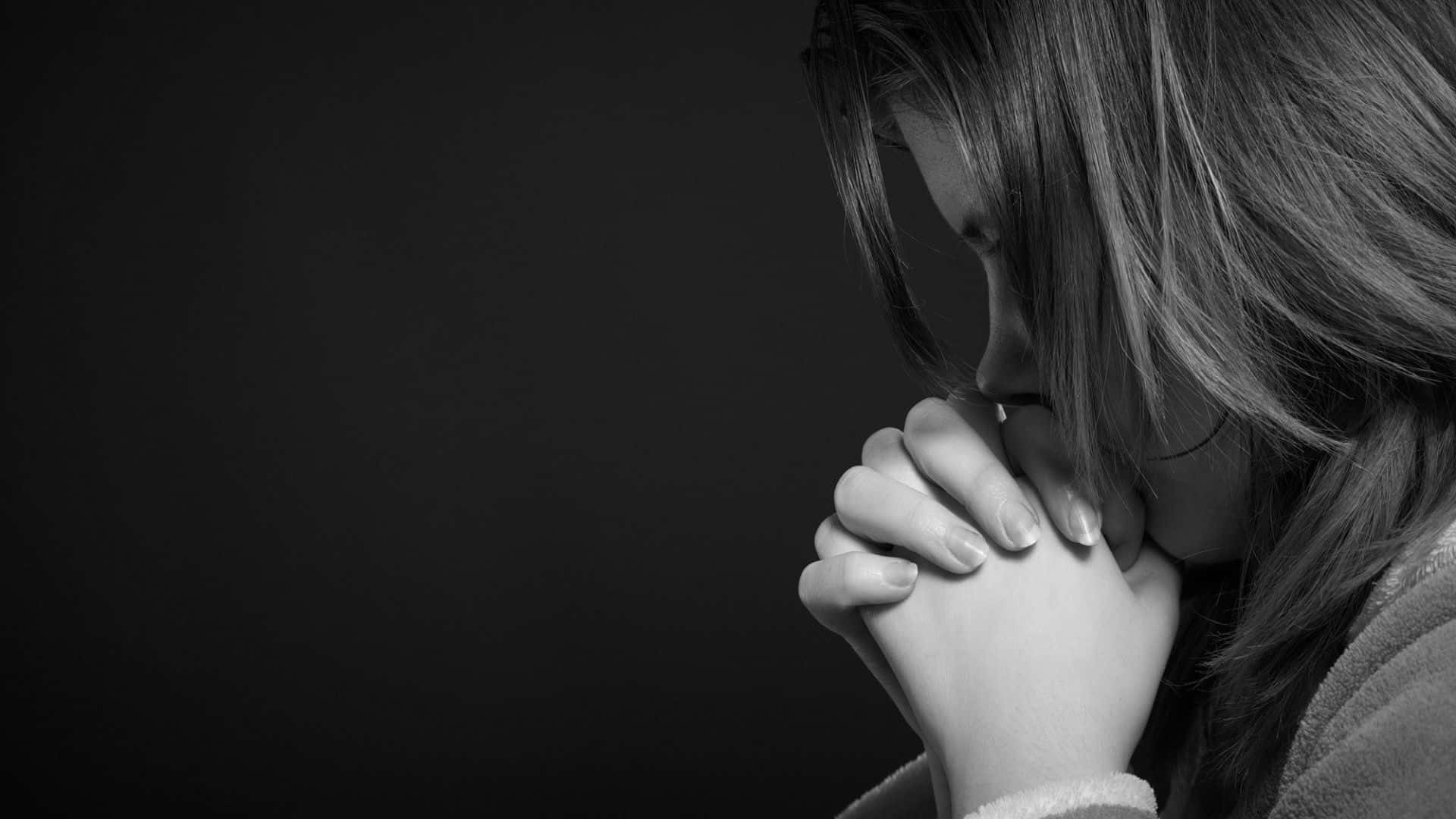 Sad Woman Night Pray, black and white, clasped hands, Full HD Desktop Wallpaper