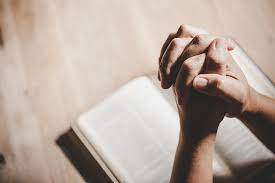 Prayer Bible Wood Table, hands clasped in prayer, open book, SD Desktop Wallpaper