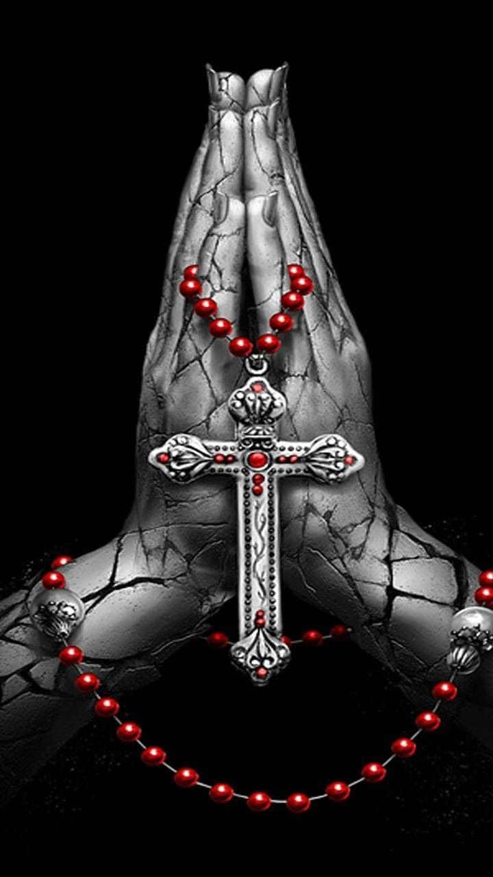 Praying Hands, silver cross, red rosary beads, HD Phone Wallpaper