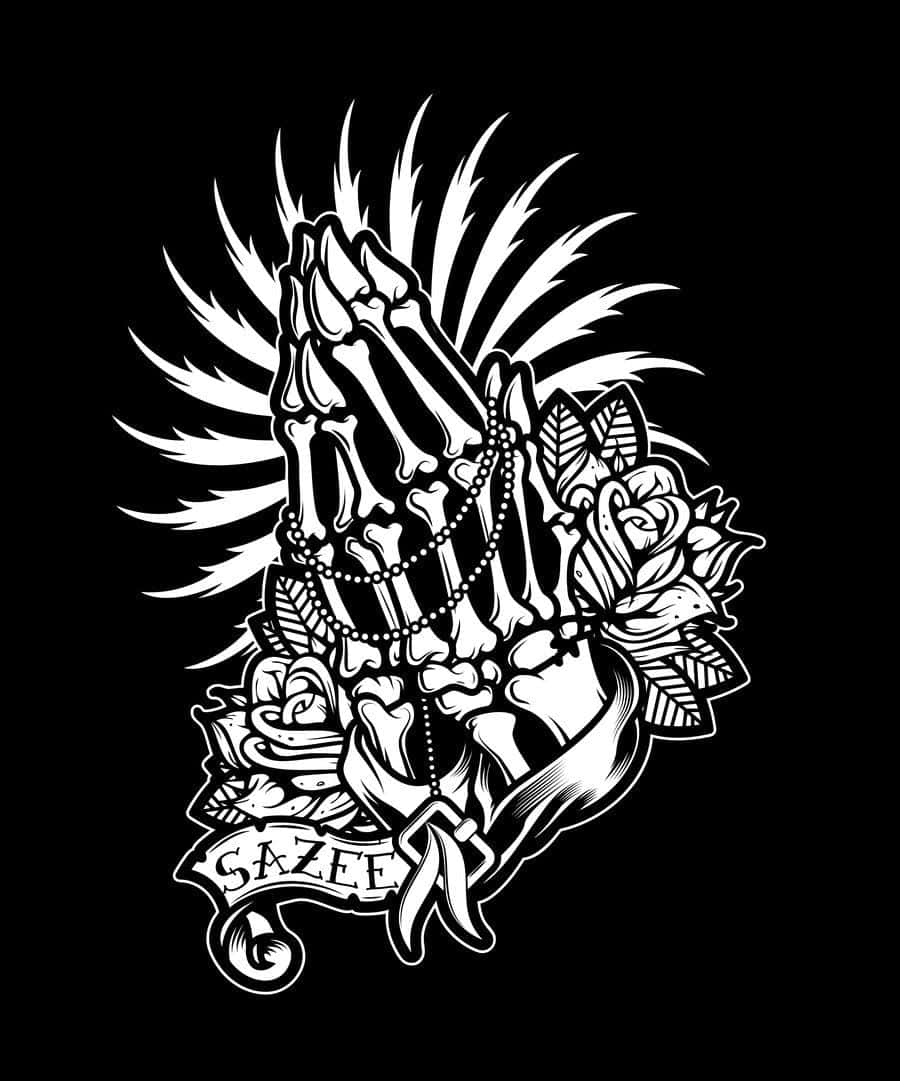 Praying Hands, skeletal hands, tattoo-style illustration, SD Phone Wallpaper