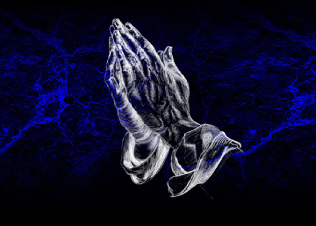 Praying Hands, glowing white lines, deep blue marbled background, SD Desktop Wallpaper
