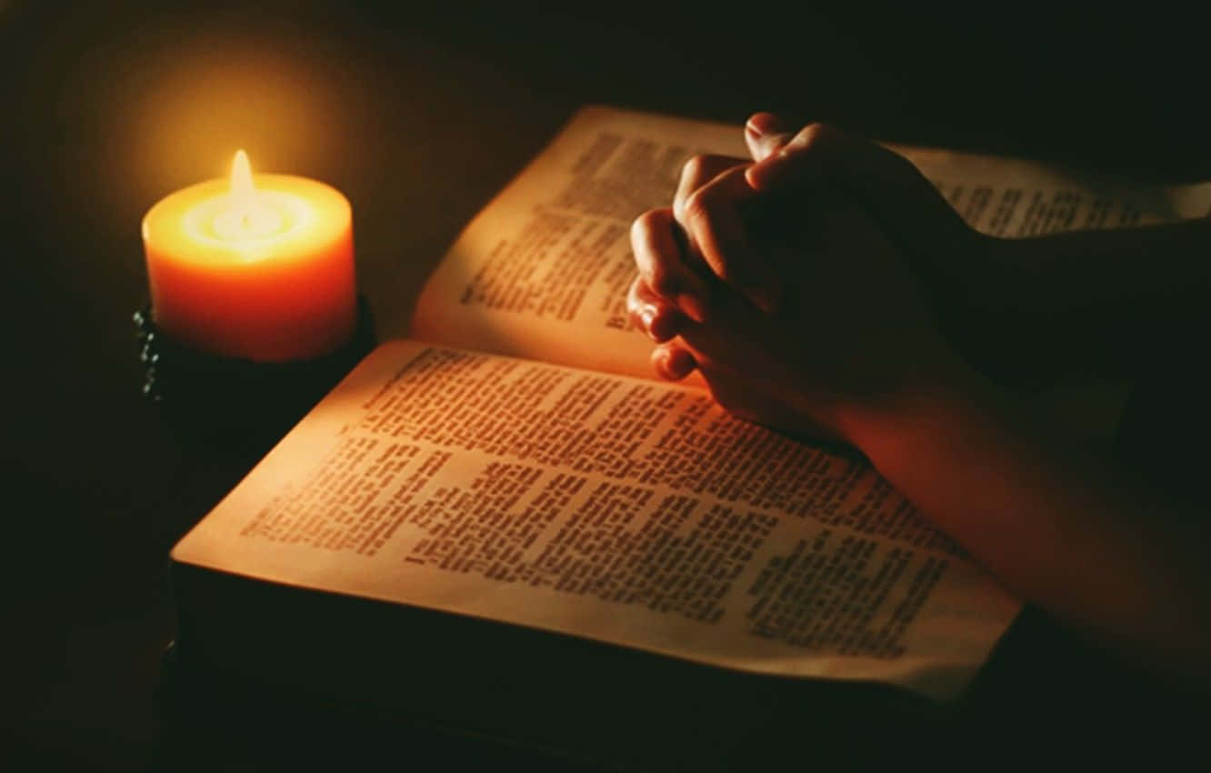 Praying Hands, open book, glowing candle, HD Desktop Wallpaper
