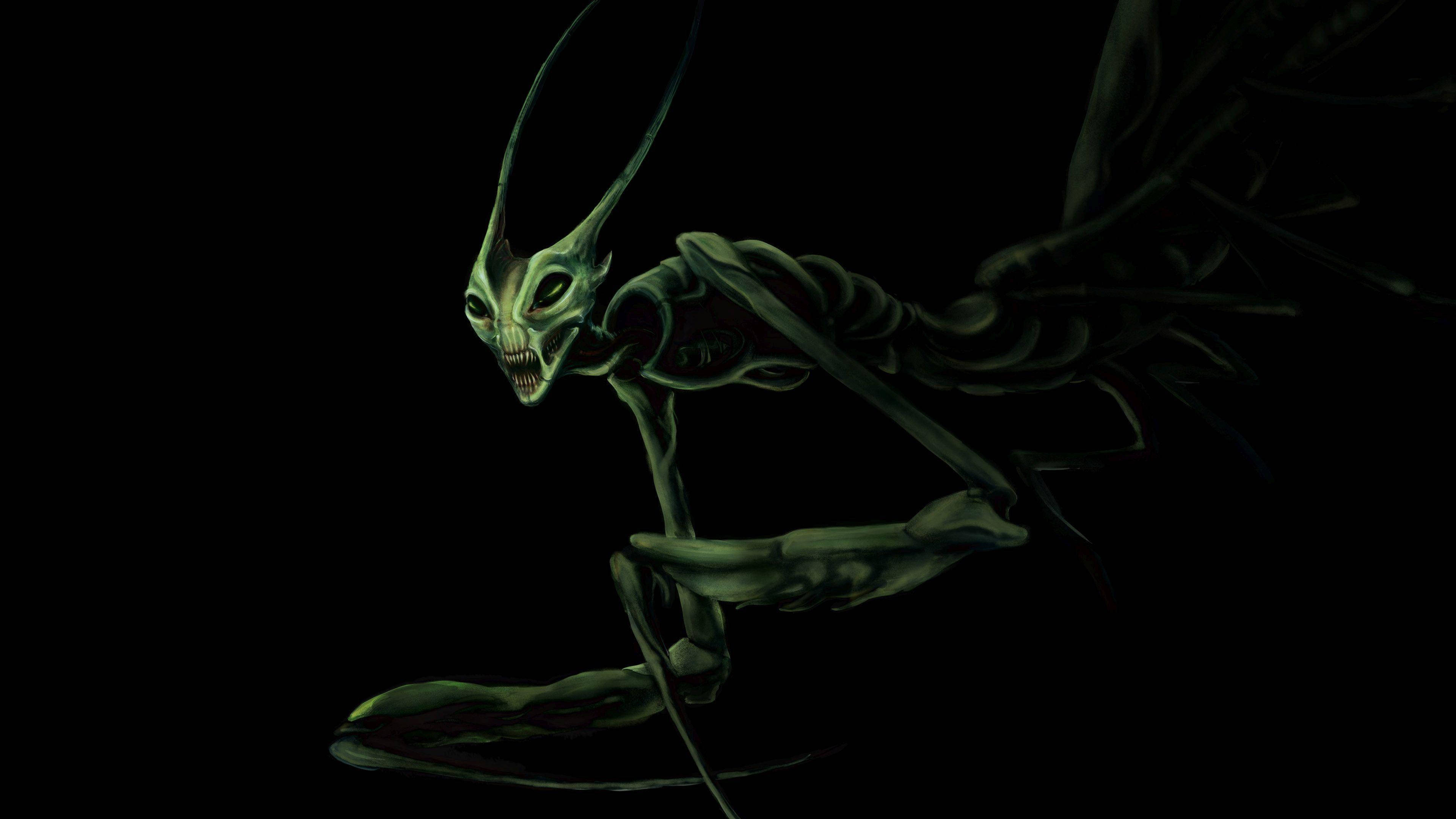 praying mantis, green alien creature, long antennae, 4K Desktop Wallpaper