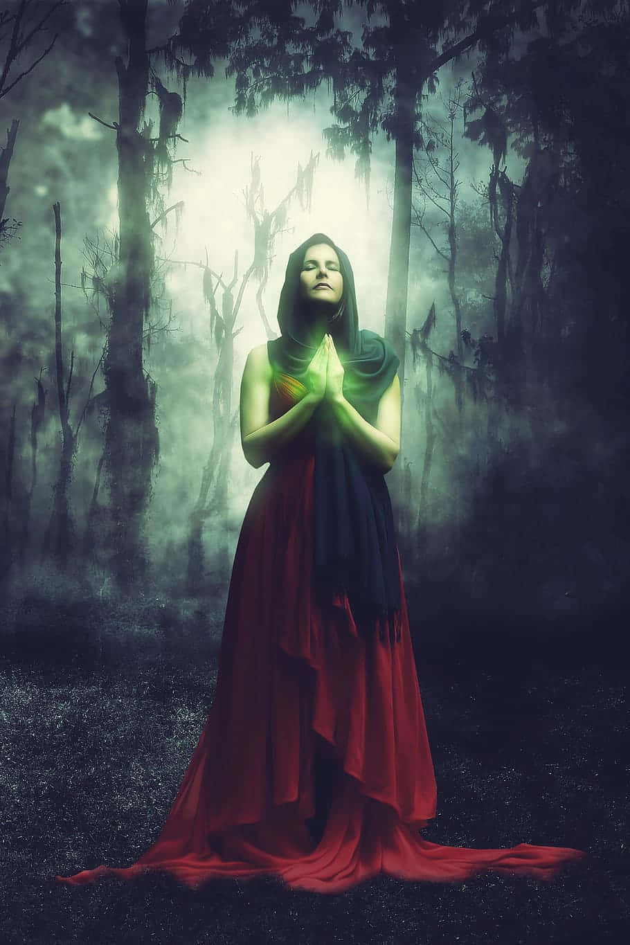 woman praying in red dress, hooded woman, flowing red gown, HD Phone Wallpaper