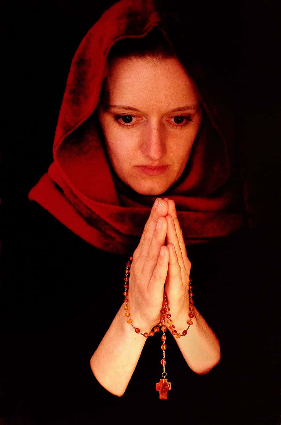 woman, red scarf, rosary, HD Phone Wallpaper