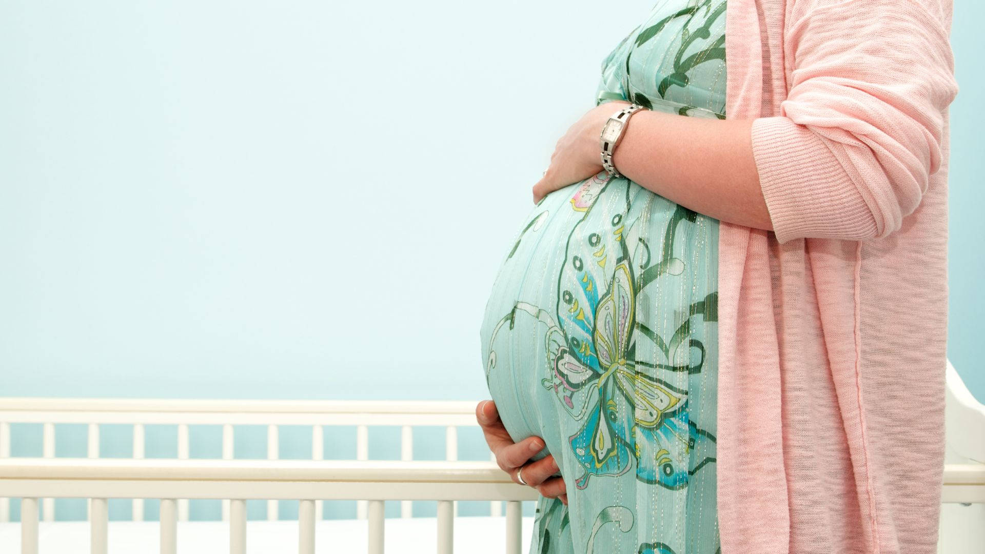 butterfly-patterned dress, white crib, soft blue wall, Full HD Desktop Wallpaper