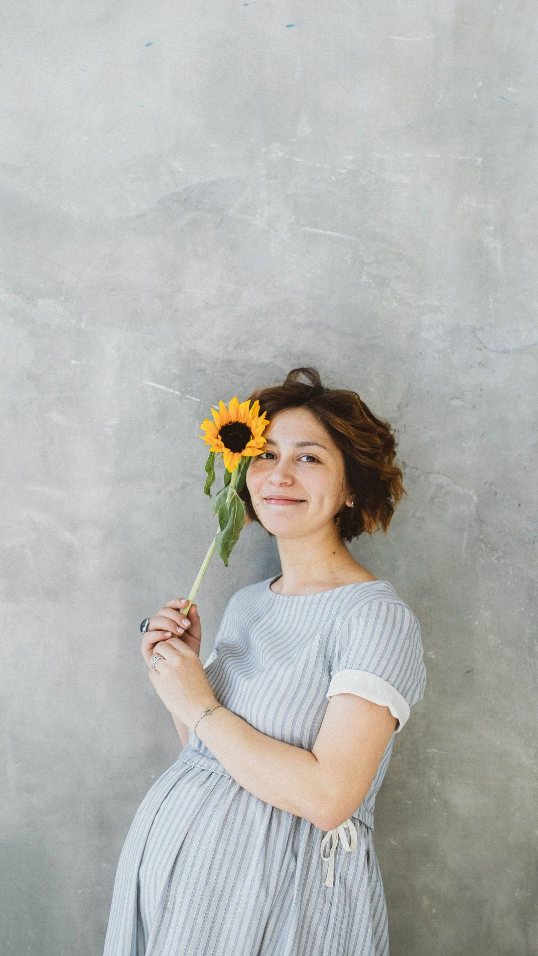 sunflower, striped dress, textured gray wall, Full HD Phone Wallpaper
