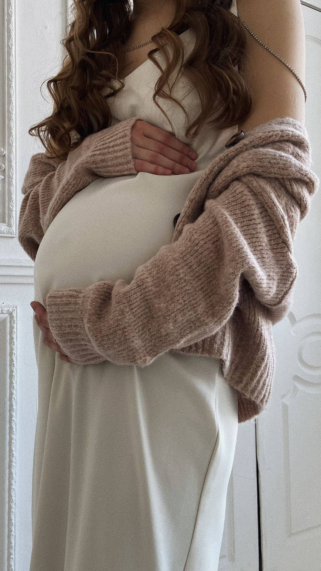 pregnancy, white dress, soft beige dress, Full HD Phone Wallpaper